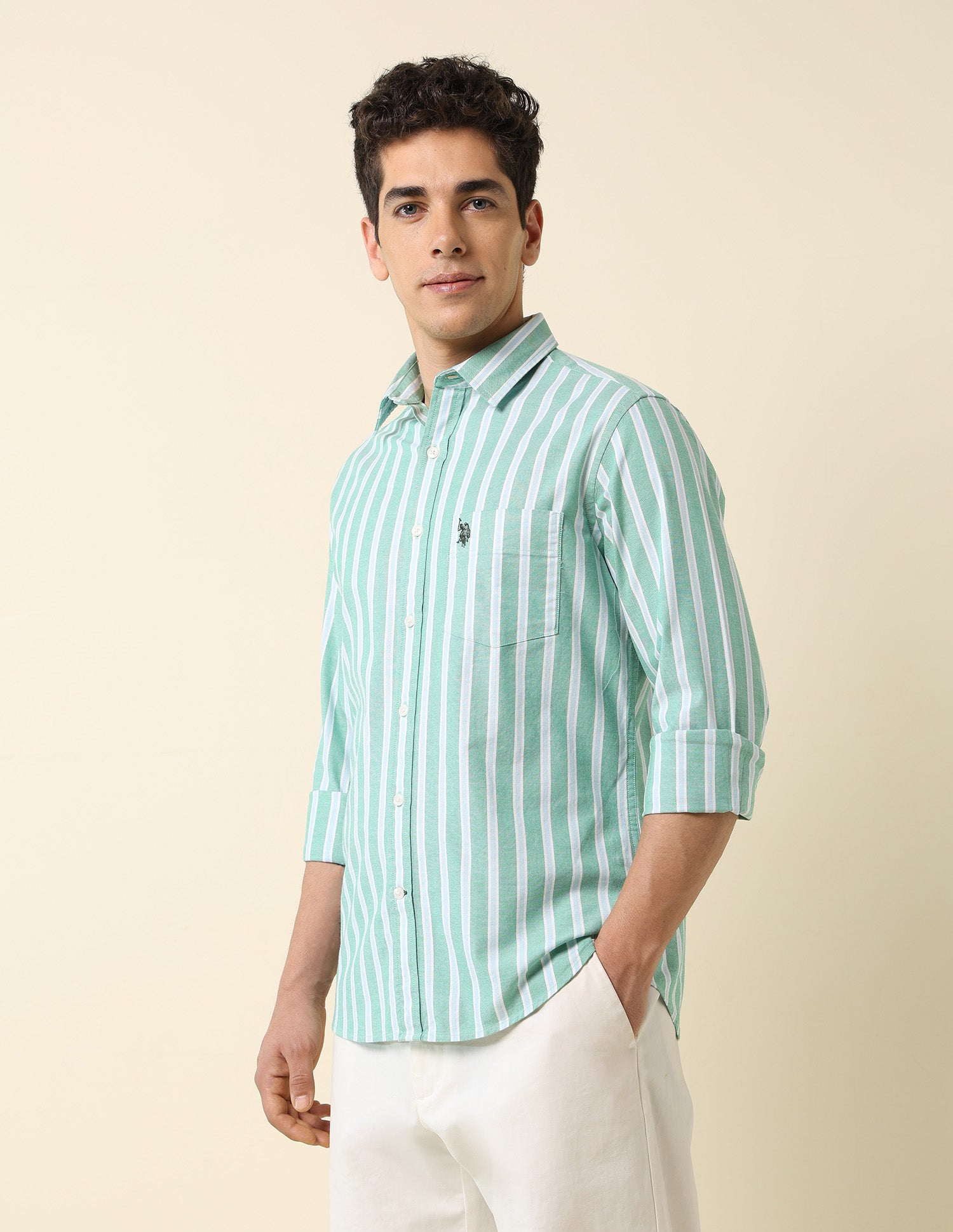 Pure Cotton Vertical Striped Shirt Green - U.S. Polo Assn. India | Large