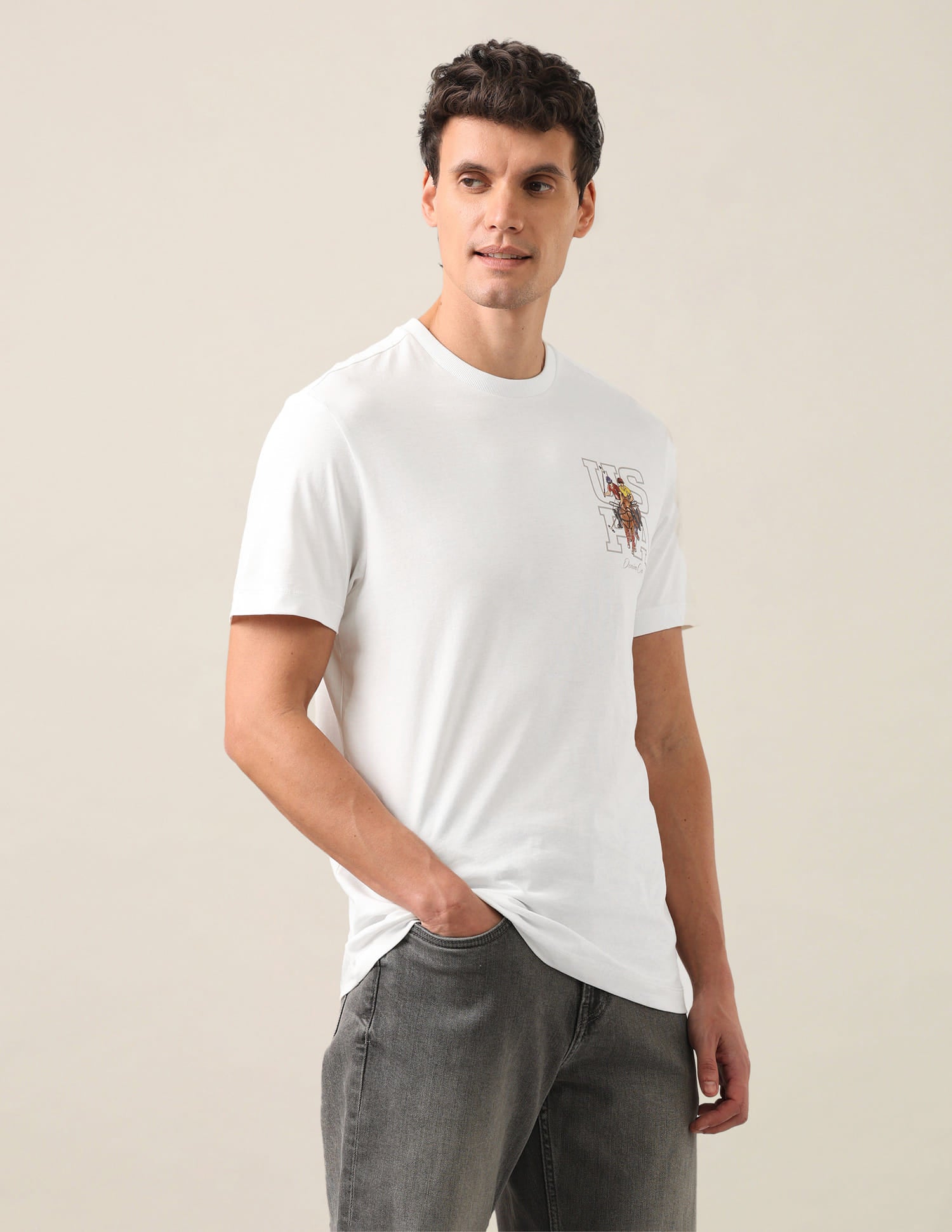 Graphic Brand Printed Slim Fit T-Shirt Ivory - U.S. Polo Assn. India | Large