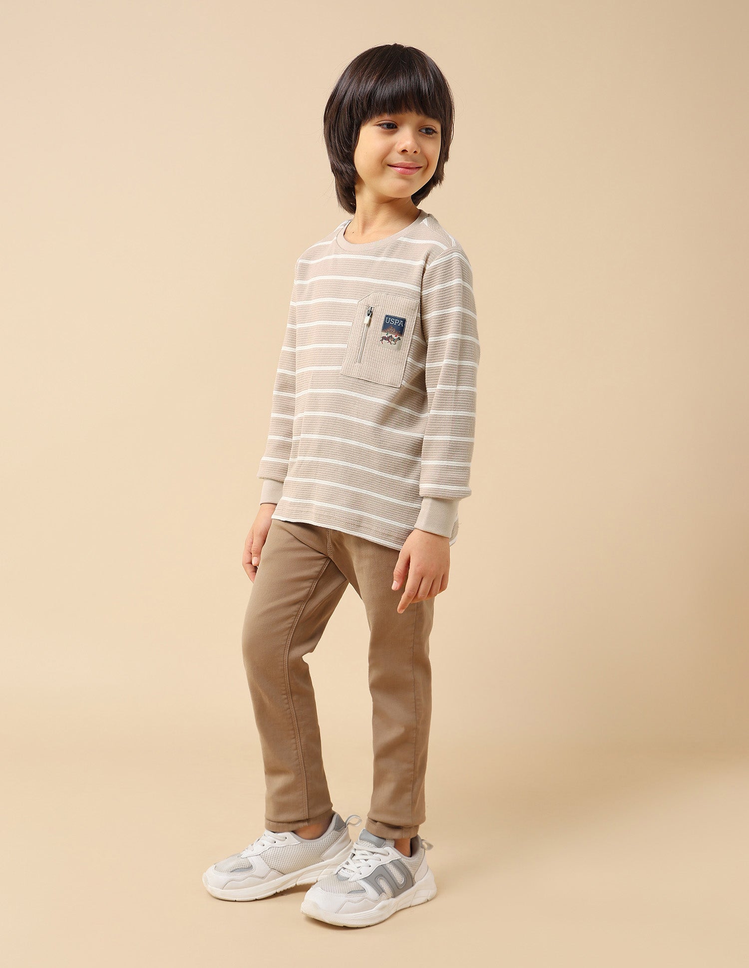 Boys Horizontal Striped Regular Fit T-Shirt Beige - U.S. POLO ASSN. | Large