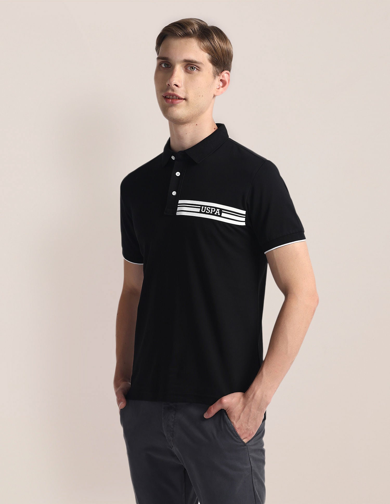 Brand Print Slim Polo Shirt Black - U.S. Polo Assn. India | Large