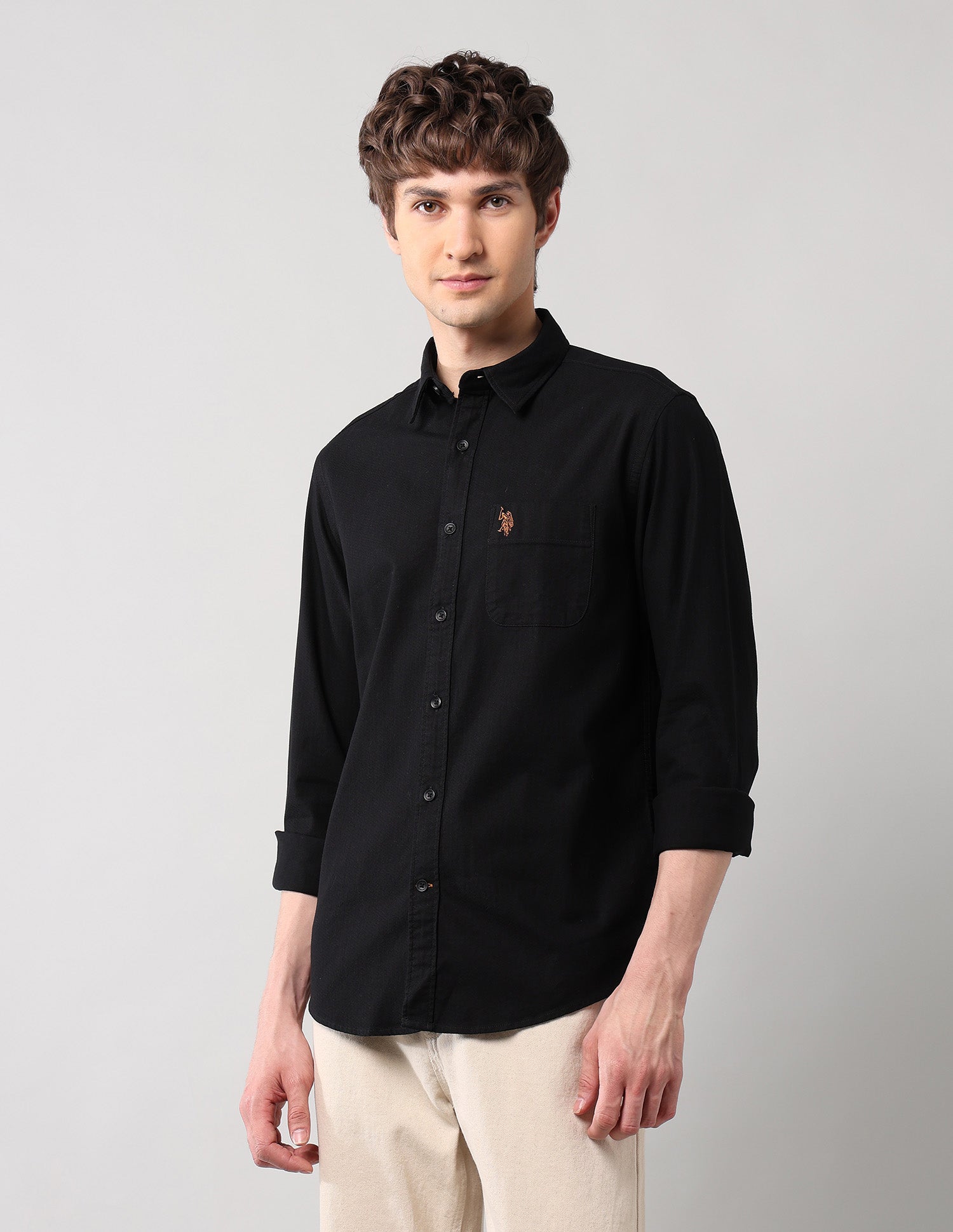 Pure Cotton Regular Fit Dobby Shirt Black - U.S. Polo Assn. India | Large