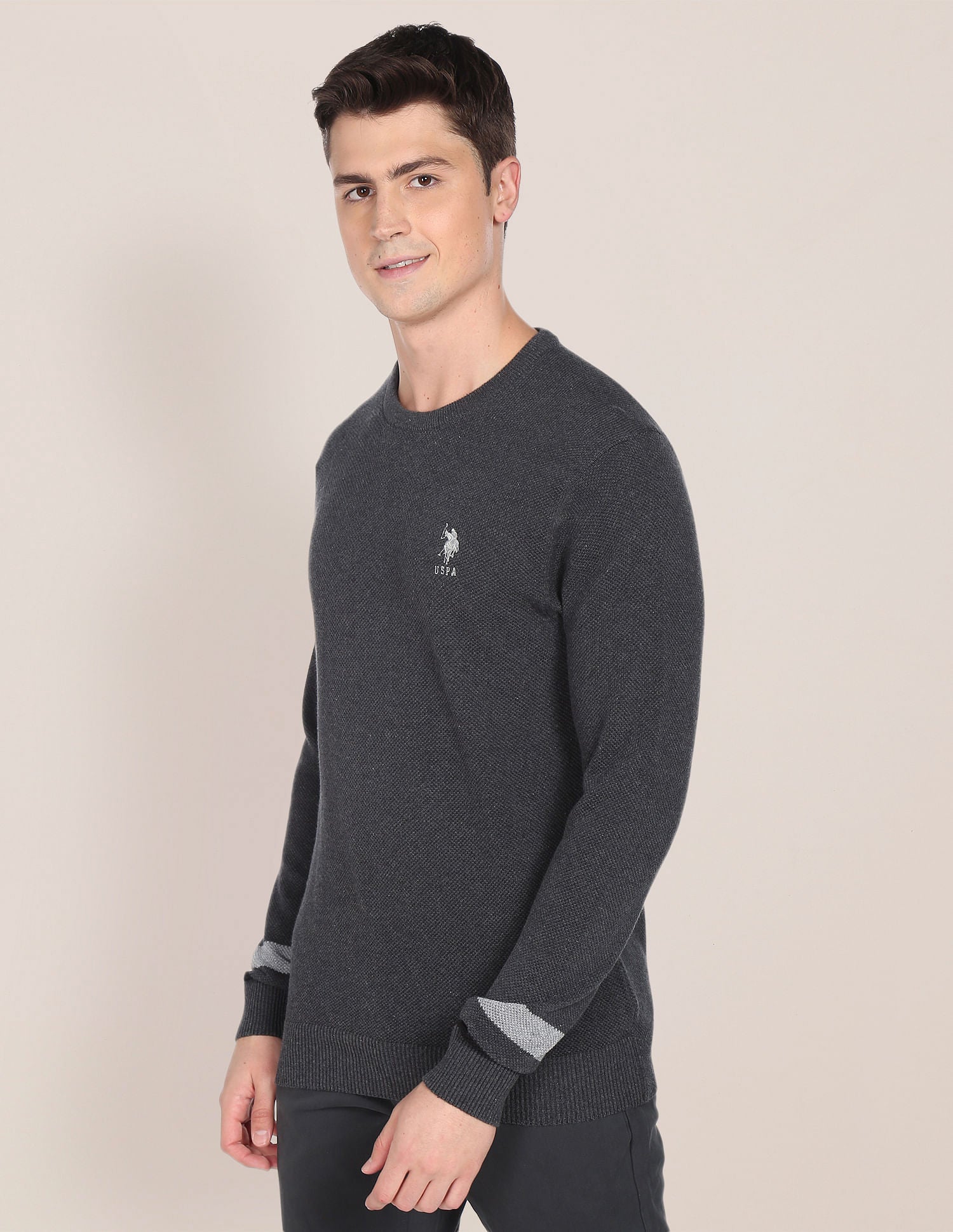 Crew Neck Striped Sleeve Textured Cotton Sweater Charcoal - U.S. Polo Assn. India | Large