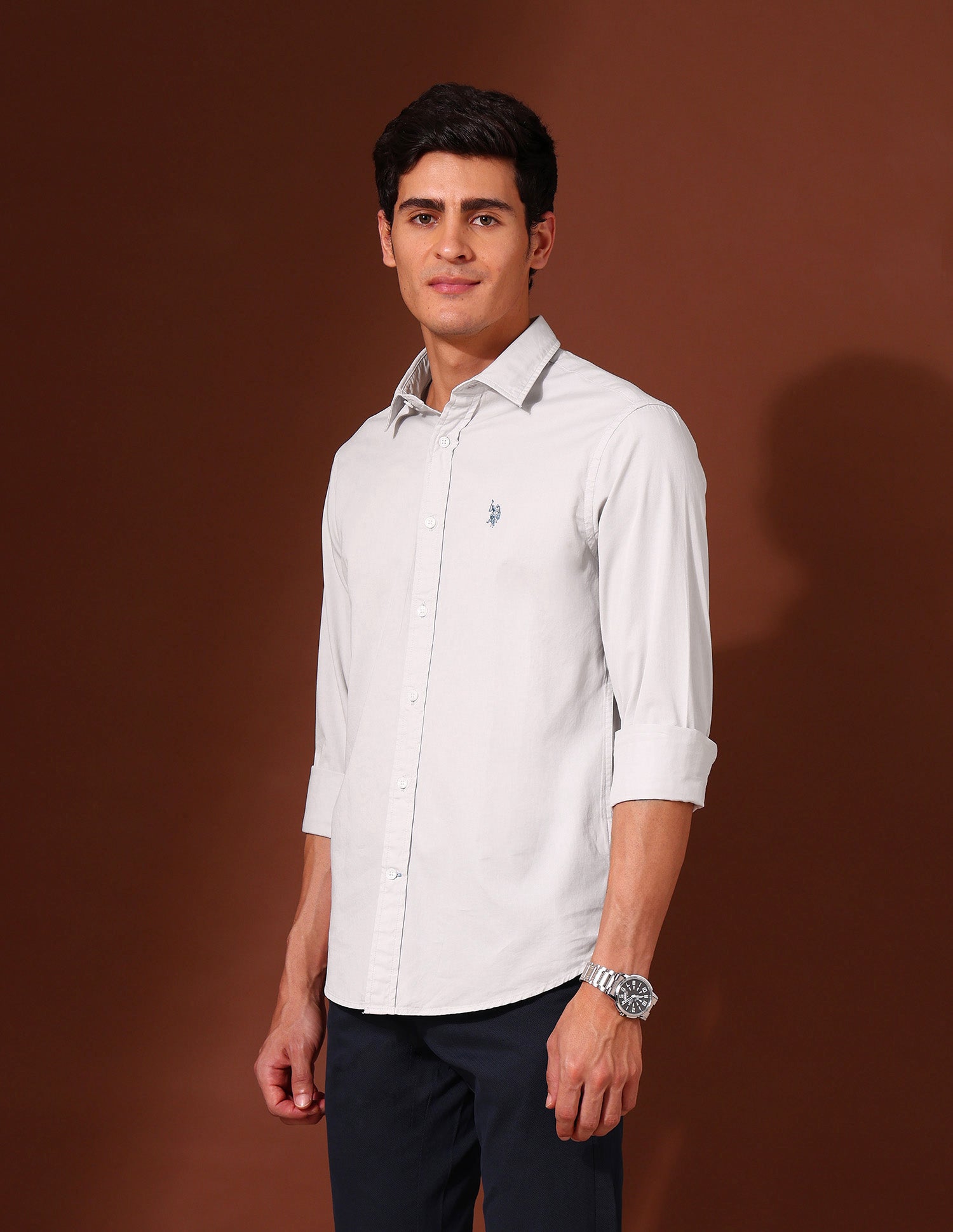 Pure Cotton Tailored Fit Twill Shirt Grey - U.S. Polo Assn. India | Large