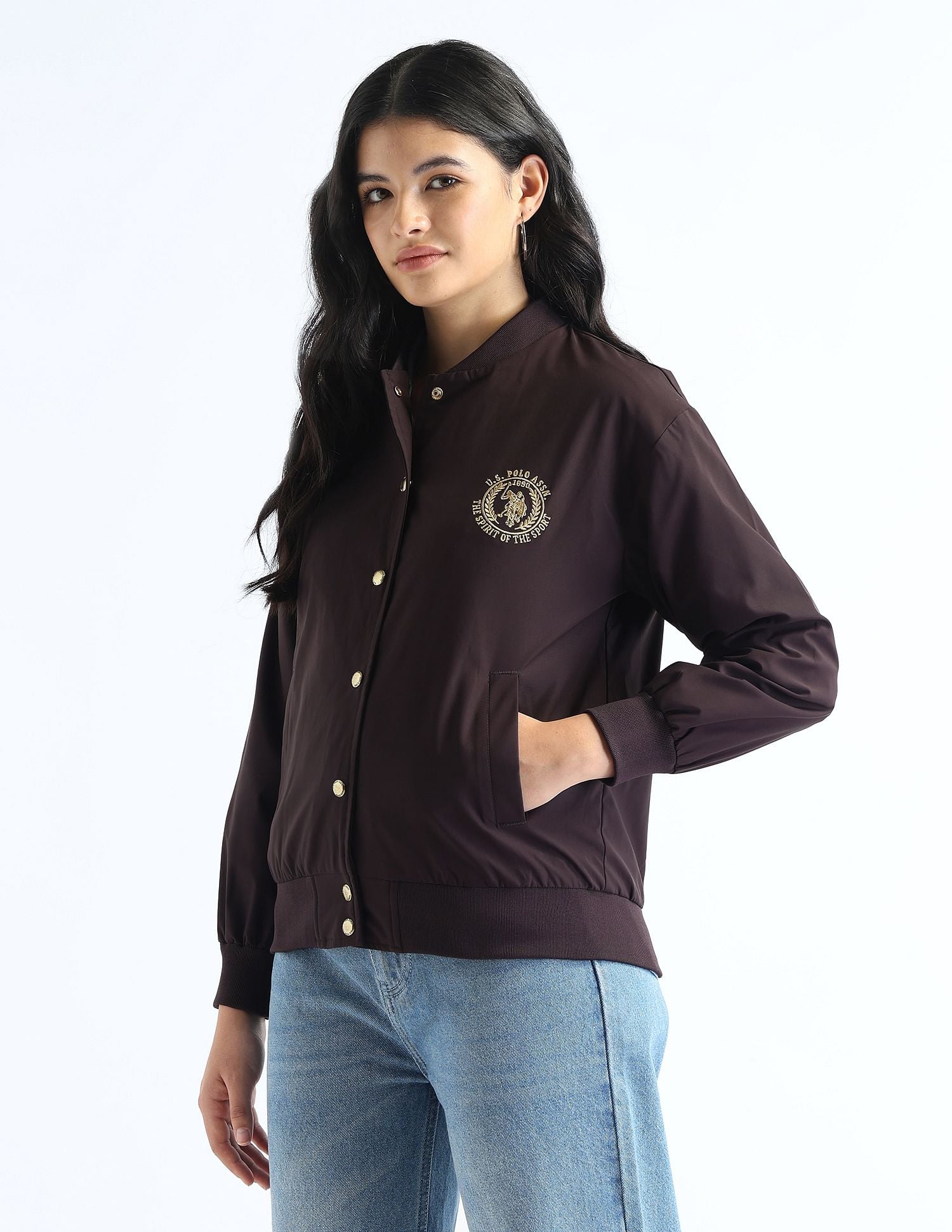 Regular Fit Solid Bomber Jacket Wine - U.S. Polo Assn. India | Large