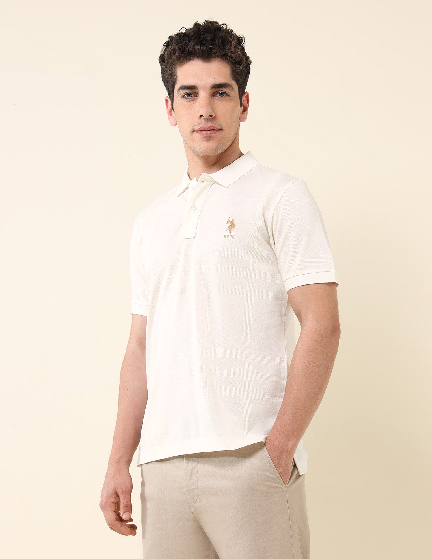 Textured Varsity Polo Shirt Off White - U.S. Polo Assn. India | Large
