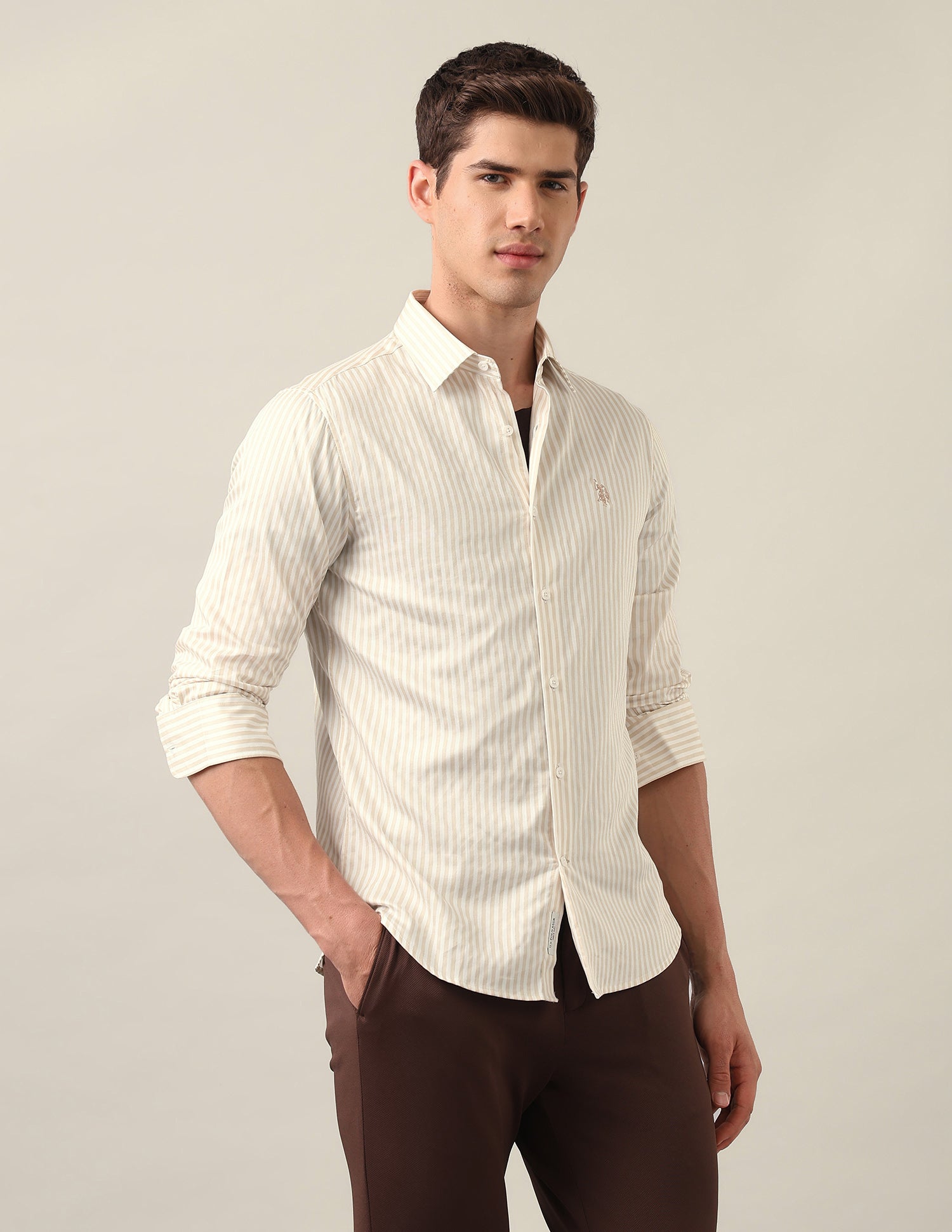 Vertical Striped Satin Shirt Beige - U.S. Polo Assn. India | Large