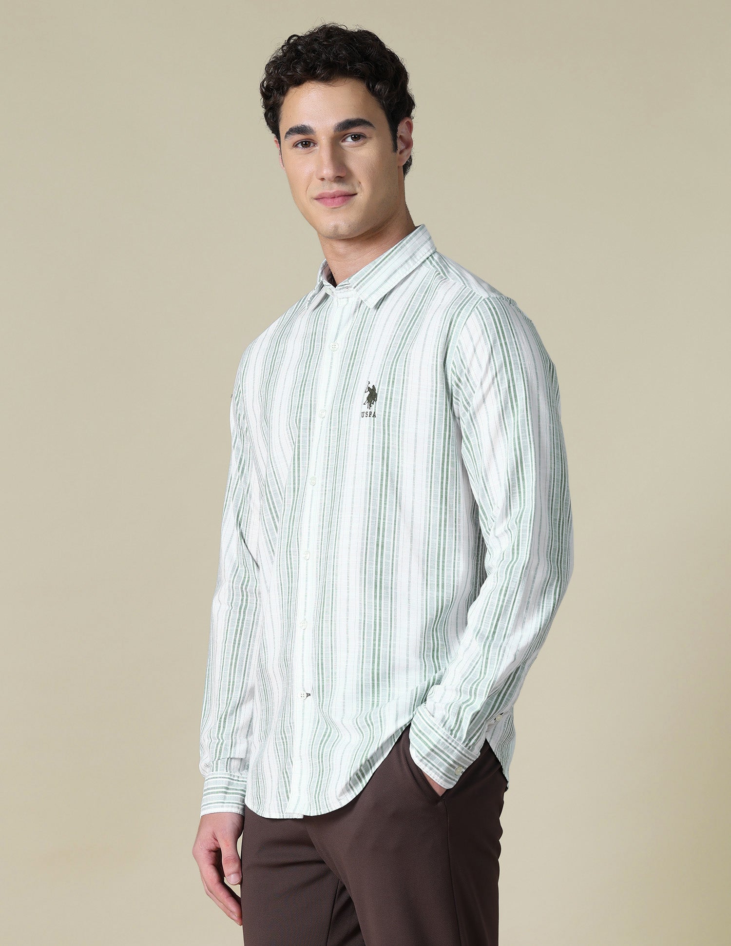 Vertical Striped Regular Fit Shirt Light Green - U.S. Polo Assn. India | Large