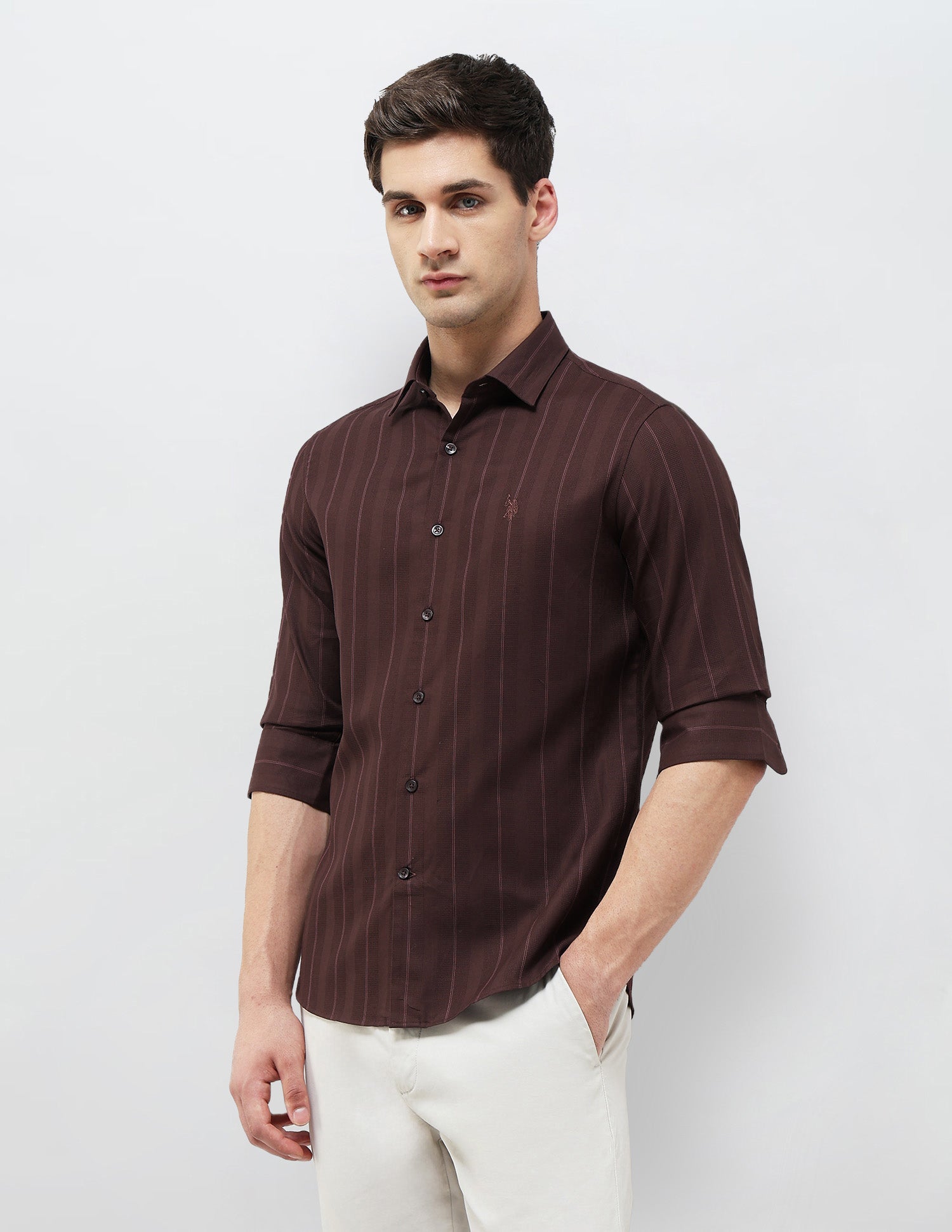 Textured With Vertical Striped Regular Fit Shirt Burgundy - U.S. POLO ASSN. | Large