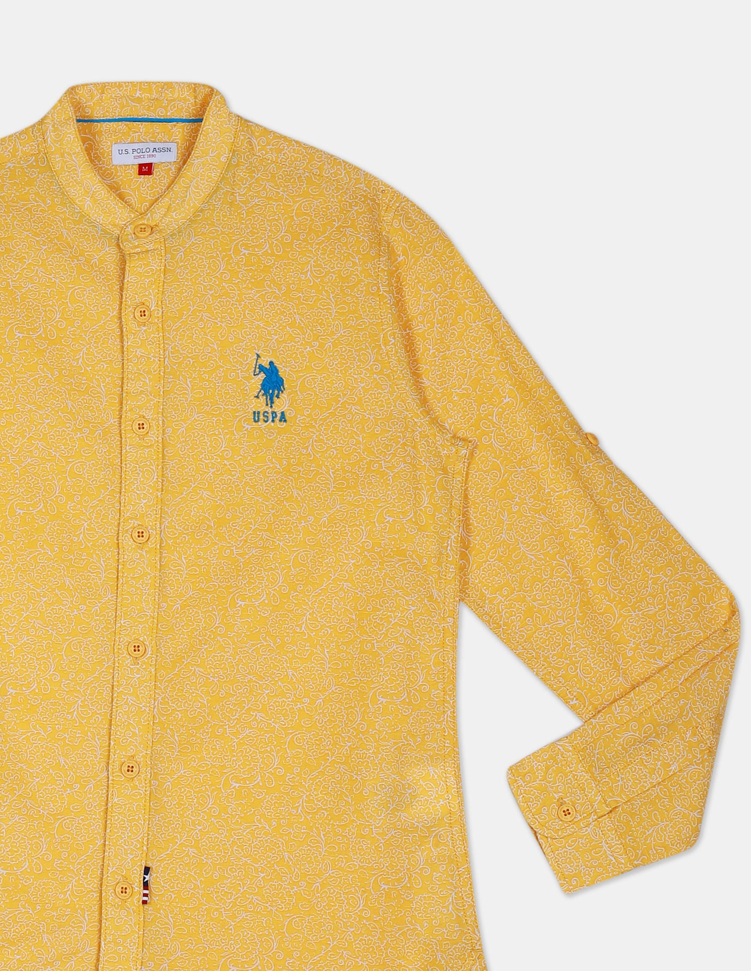 Boys Mustard Mandarin Collar Print Shirt Mustard - U.S. Polo Assn. India | Large