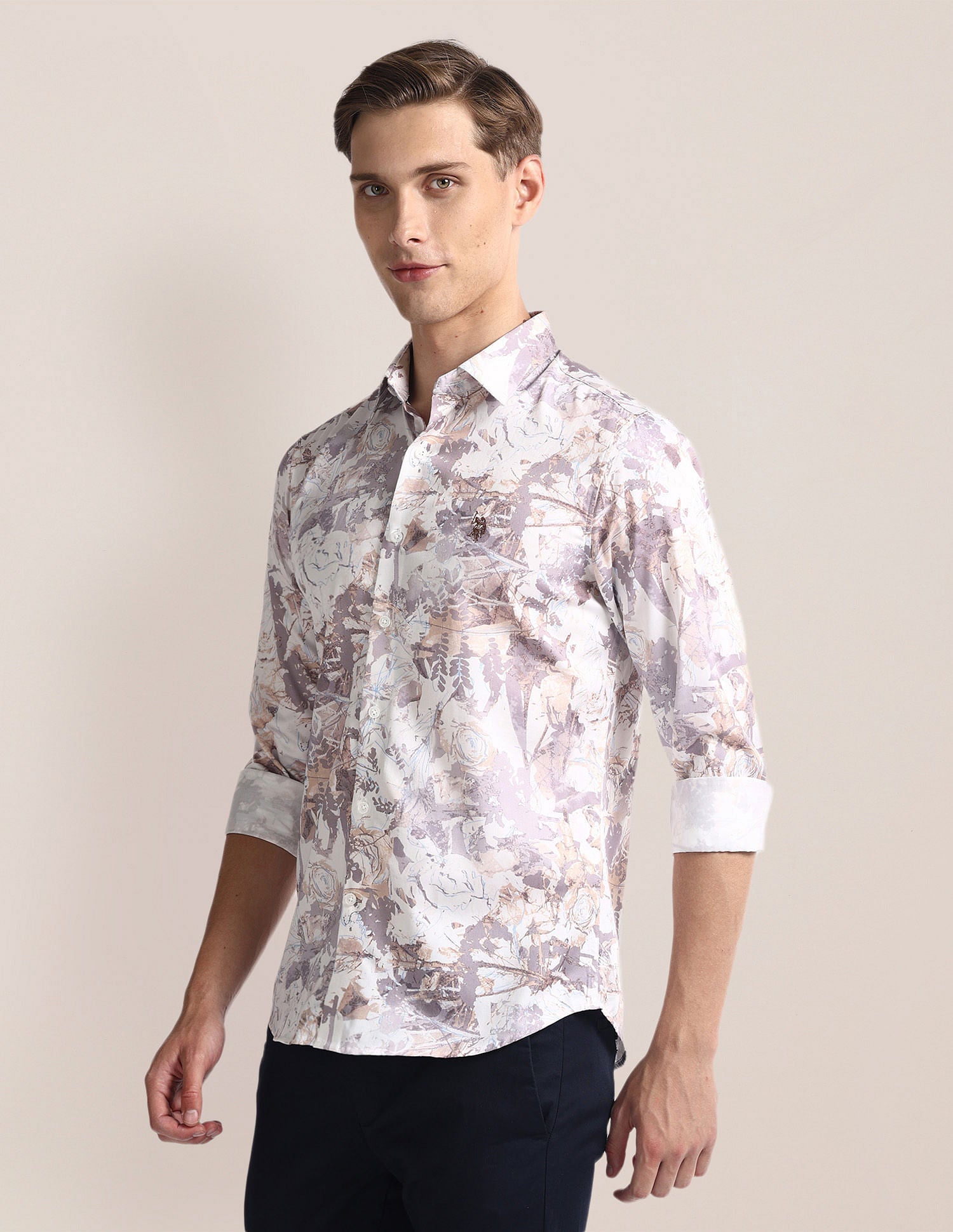 Floral Print Tailored Fit Shirt Khaki and White - U.S. Polo Assn. India | Large