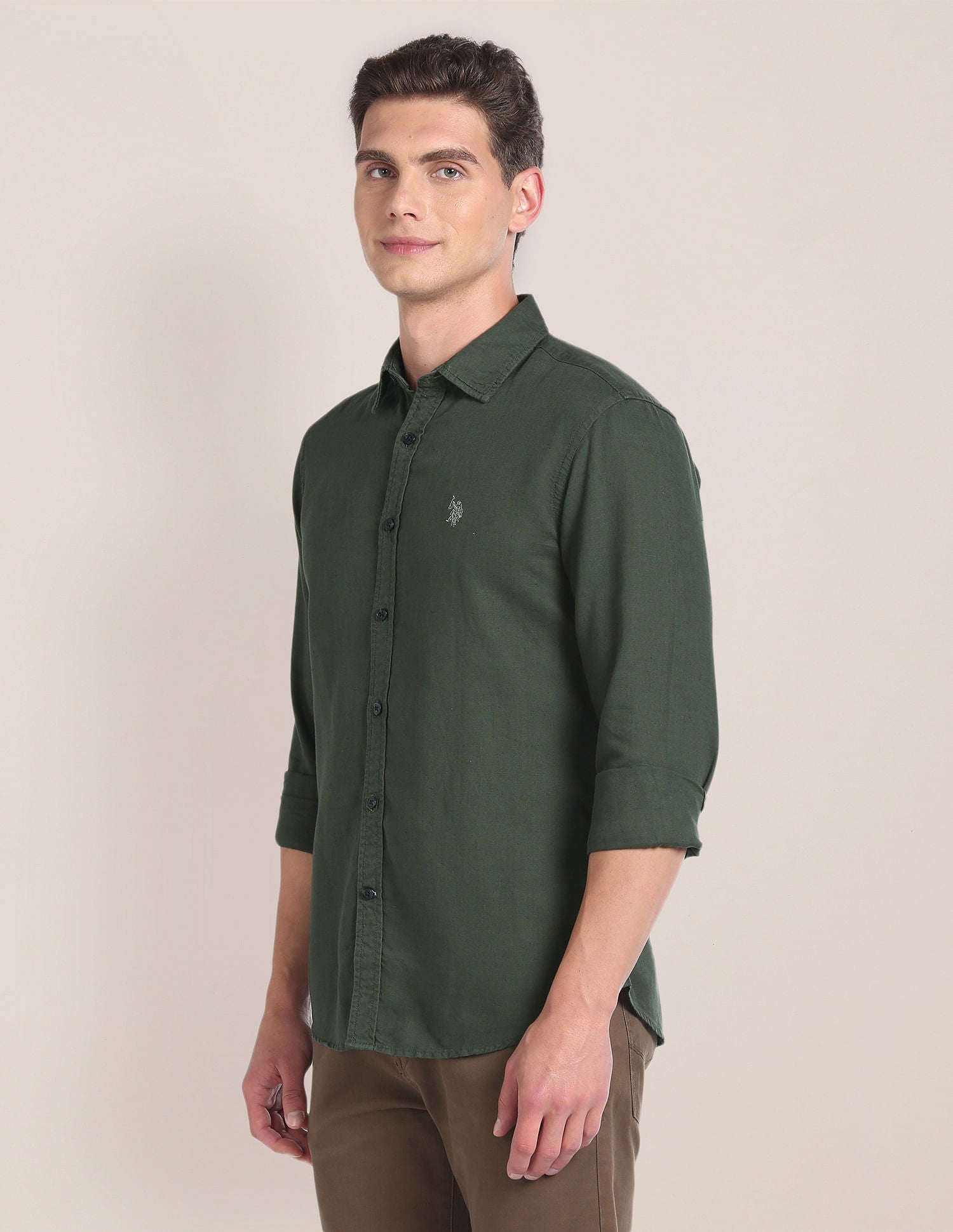 Linen Tailored Fit Shirt Olive - U.S. POLO ASSN. | Large