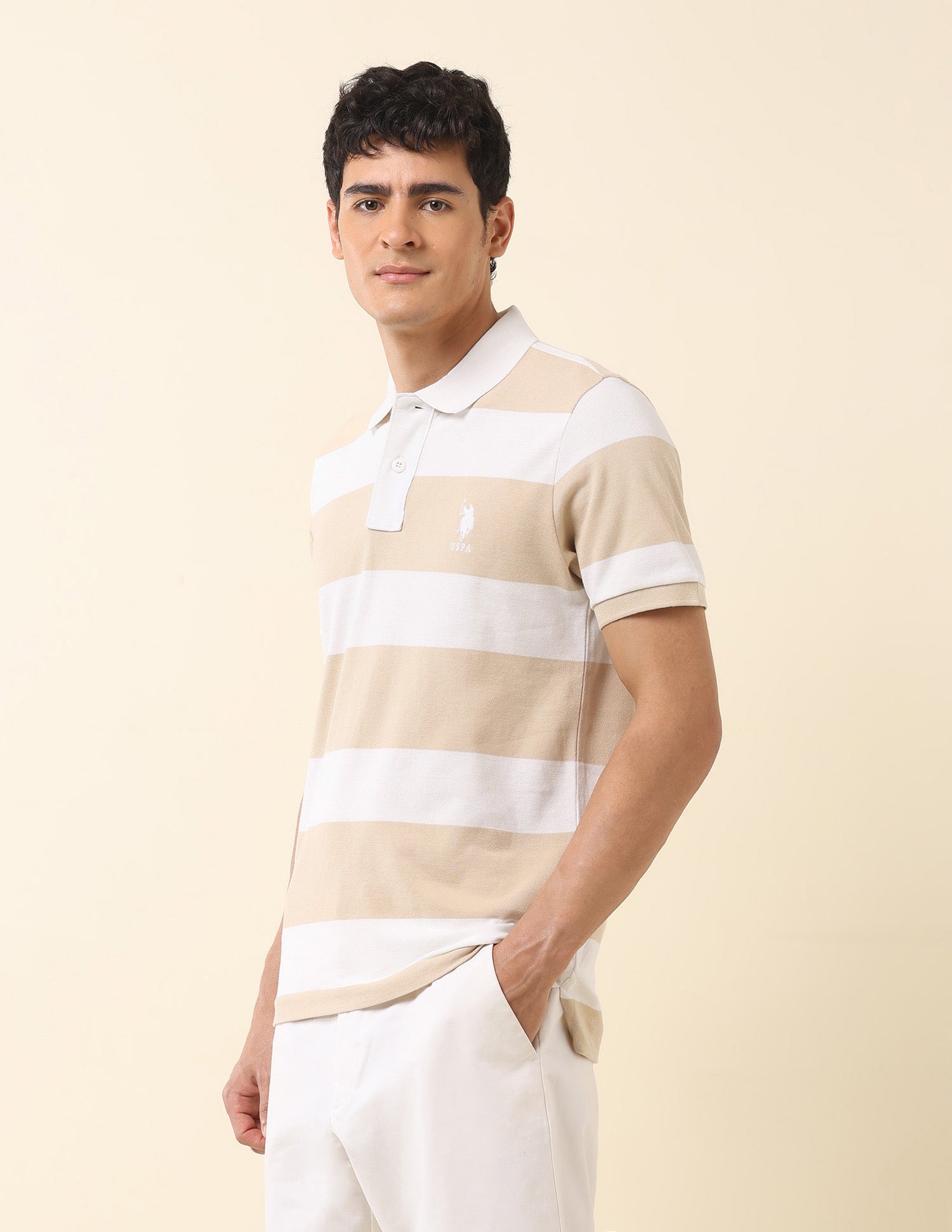 Horizontal Striped Classic Polo Shirt Beige - U.S. POLO ASSN. | Large