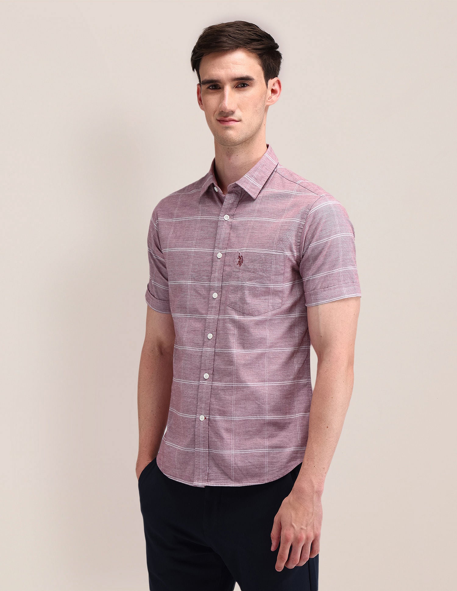 Windowpane Checked Regular Fit Shirt Maroon - U.S. Polo Assn. India | Large