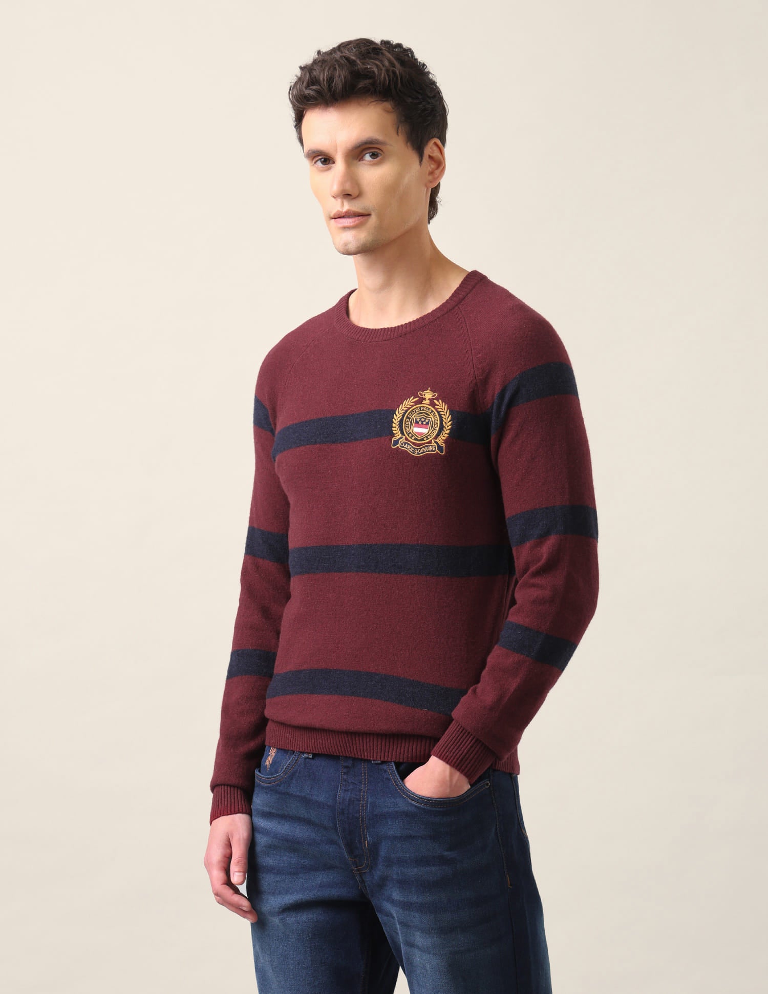Crew Neck Horizontal Stripe Sweater Maroon - U.S. Polo Assn. India | Large