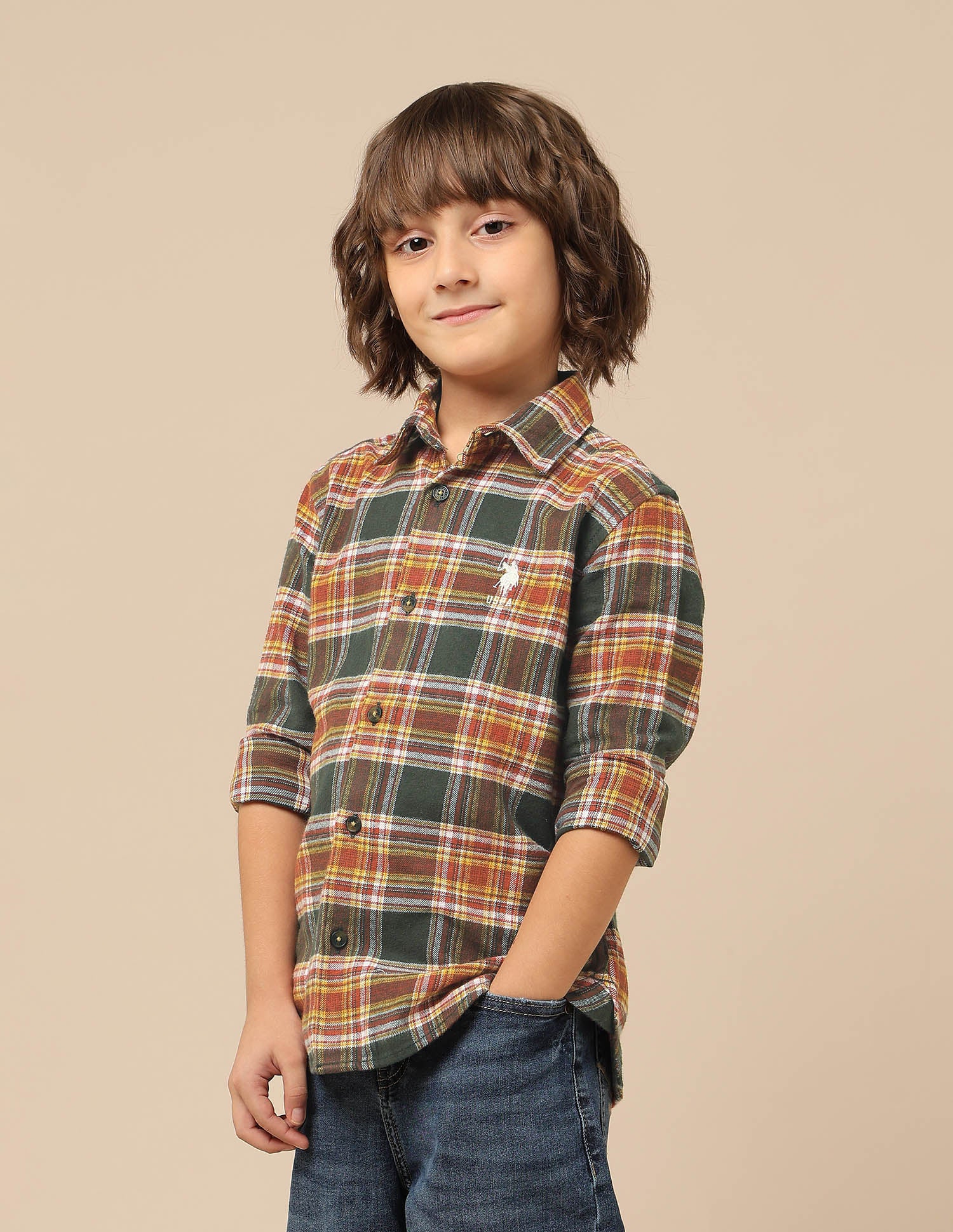 Boys Plaid Checked Twill Shirt Orange - U.S. POLO ASSN. | Large