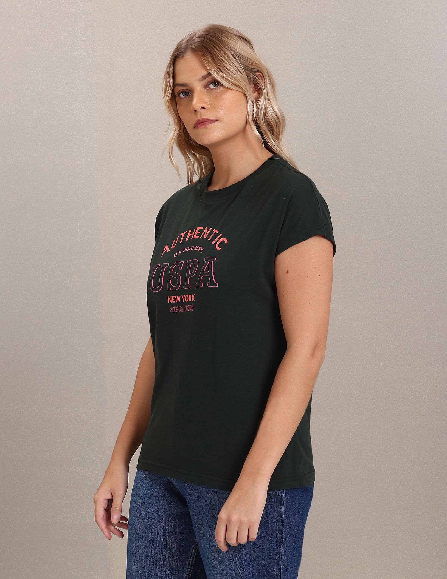 Crew Neck Typographic Print T-Shirt Dark Green - U.S. Polo Assn. India | Large