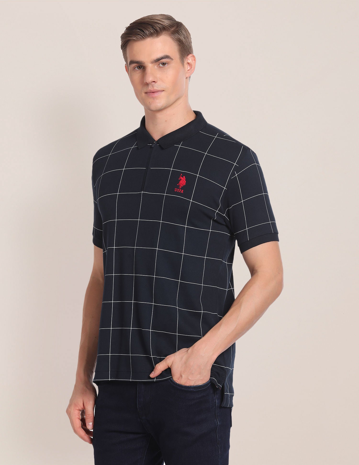 Check Knit Polo Shirt Navy - U.S. Polo Assn. India | Large