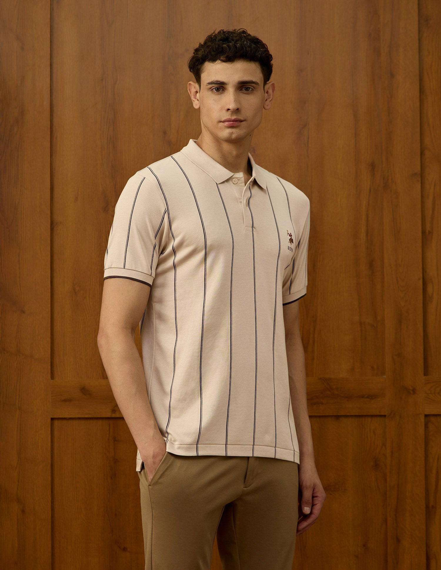 Vertical Striped Slim Fit Polo Shirt Beige - U.S. POLO ASSN. | Large