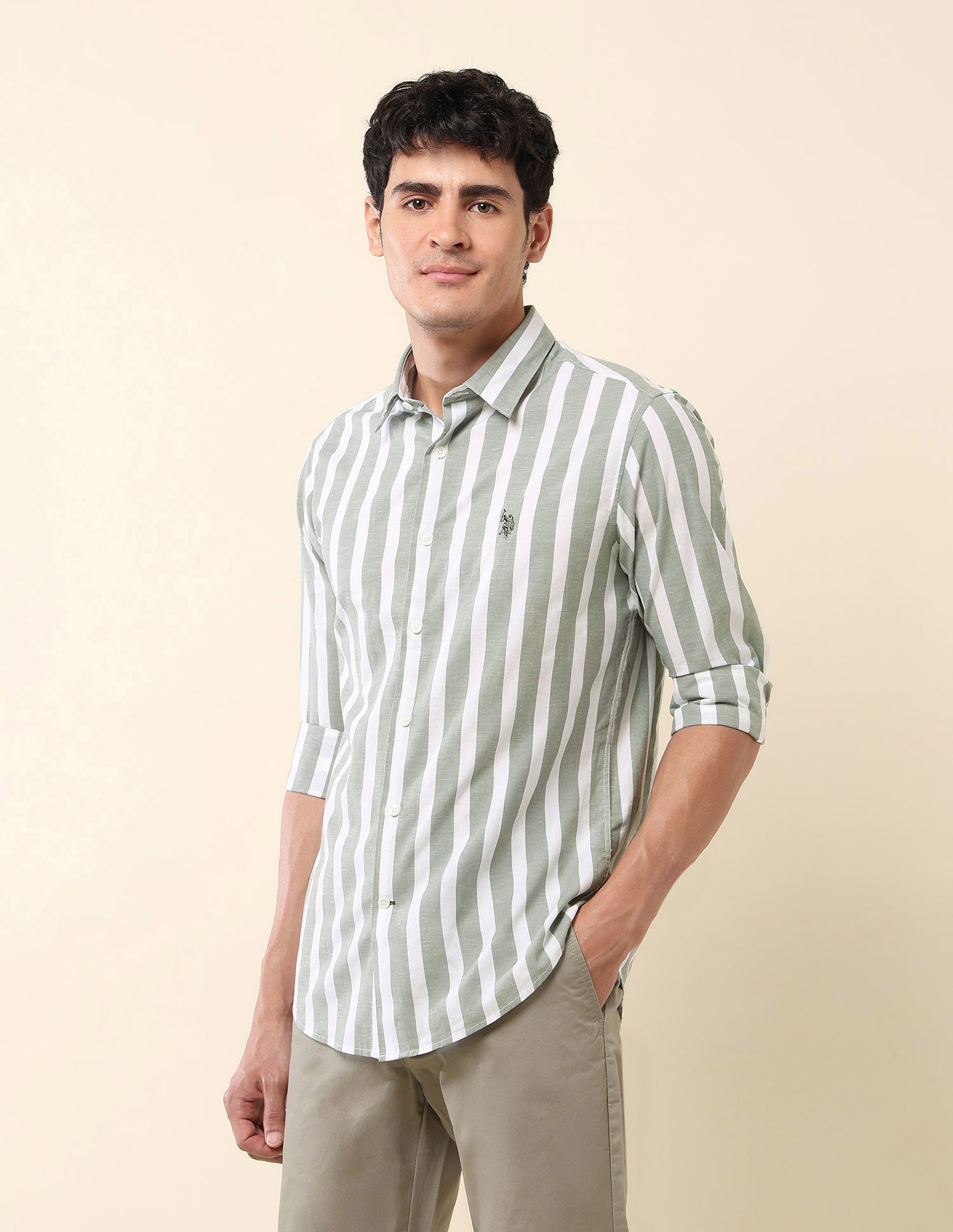 Vertical Striped Pure Cotton Shirt Green - U.S. Polo Assn. India | Large