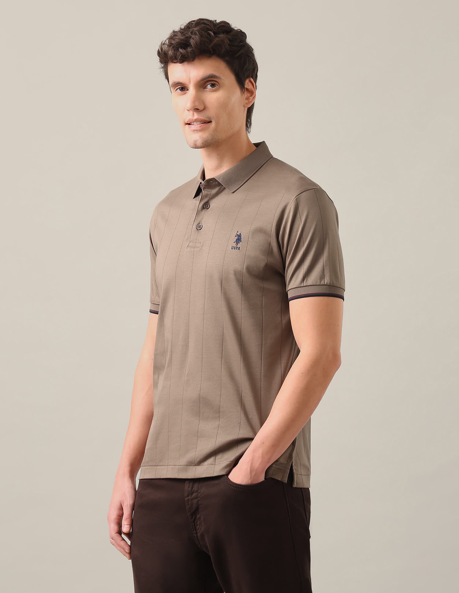Vertical Striped Patterned Knit Slim Fit Polo Shirt Brown - U.S. Polo Assn. India | Large