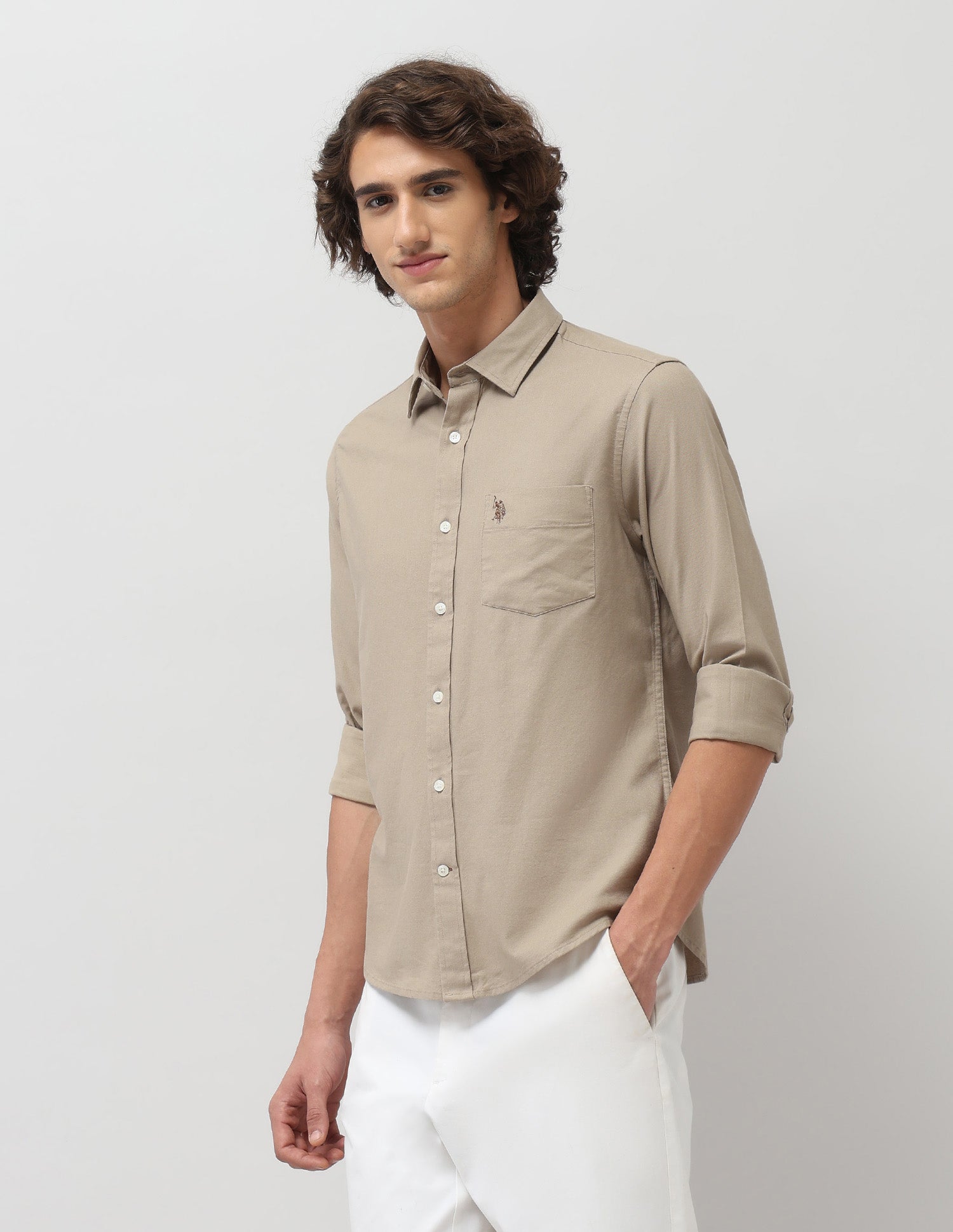 Tailored Fit Solid Shirt Khaki - U.S. Polo Assn. India | Large