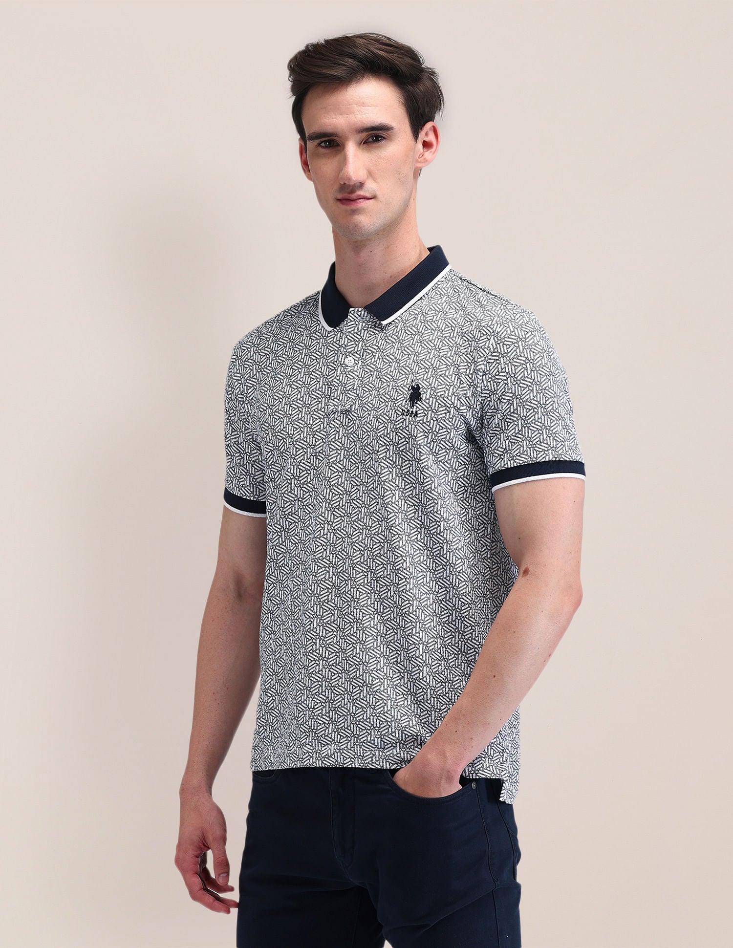 Slim Fit Geometric Polo Shirt Navy - U.S. Polo Assn. India | Large