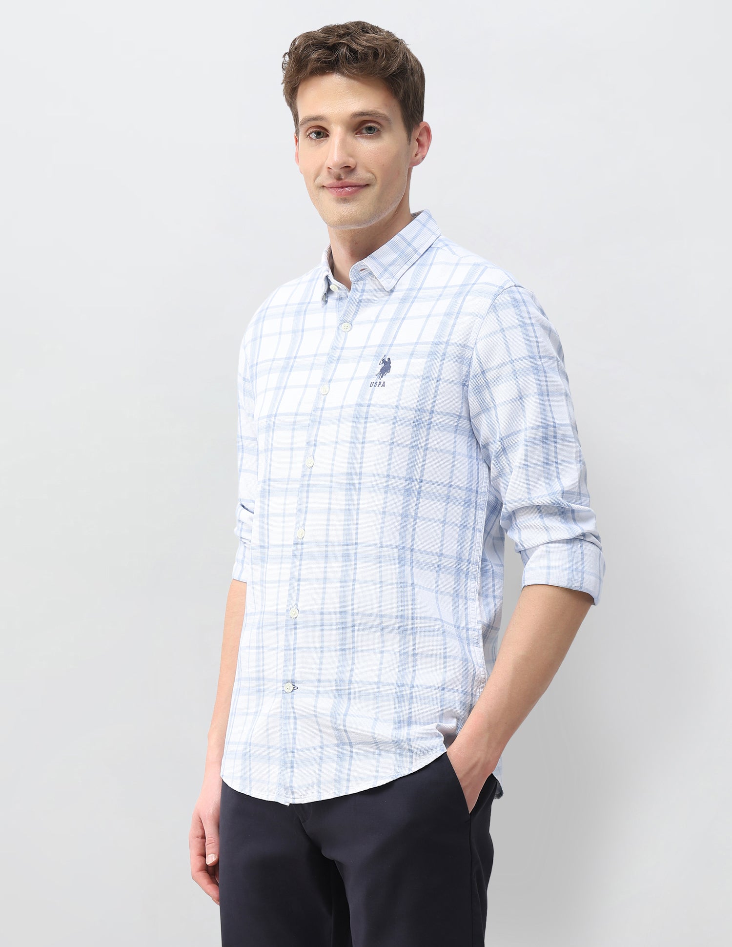 Tartan Checked Knitted Shirt Light Indigo - U.S. Polo Assn. India | Large