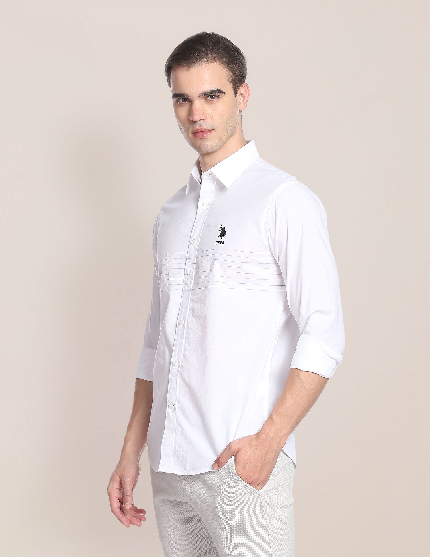 Signature Engineered Stripe Space Dyed Shirt White - U.S. Polo Assn. India | Large