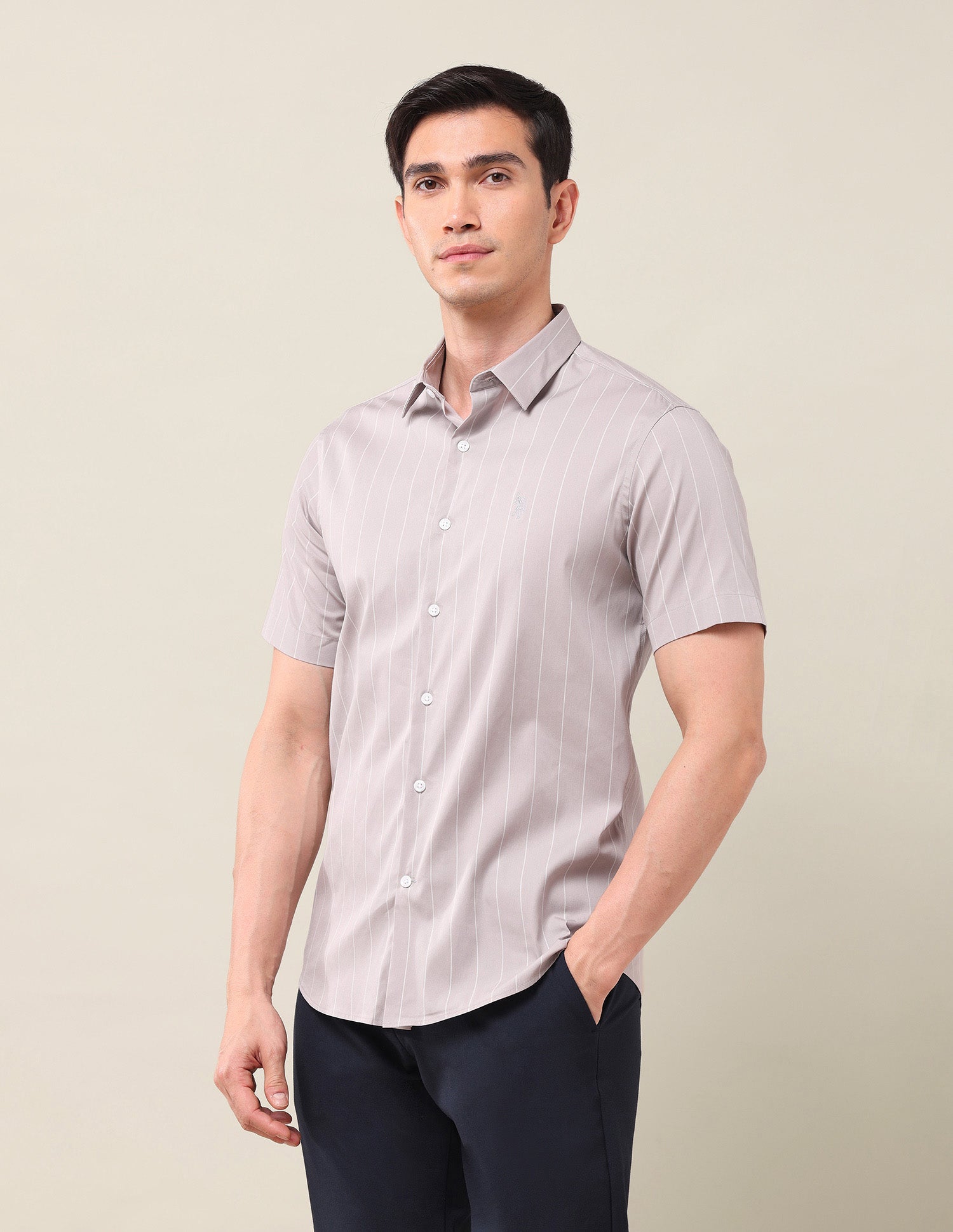 Vertical Striped Tailored Fit Shirt Light Khaki - U.S. Polo Assn. India | Large