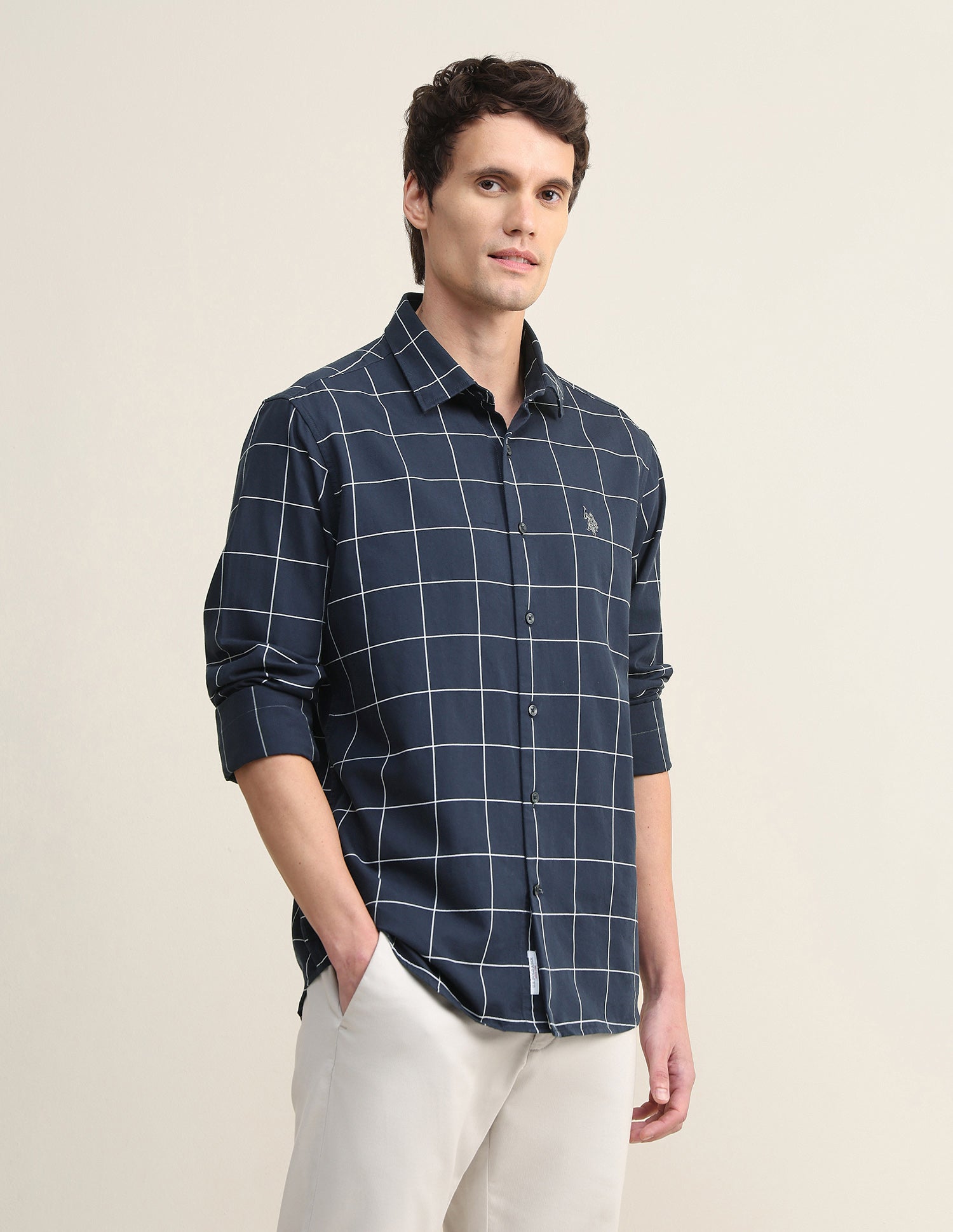 Windowpane Checked Twill Shirt Navy - U.S. Polo Assn. India | Large