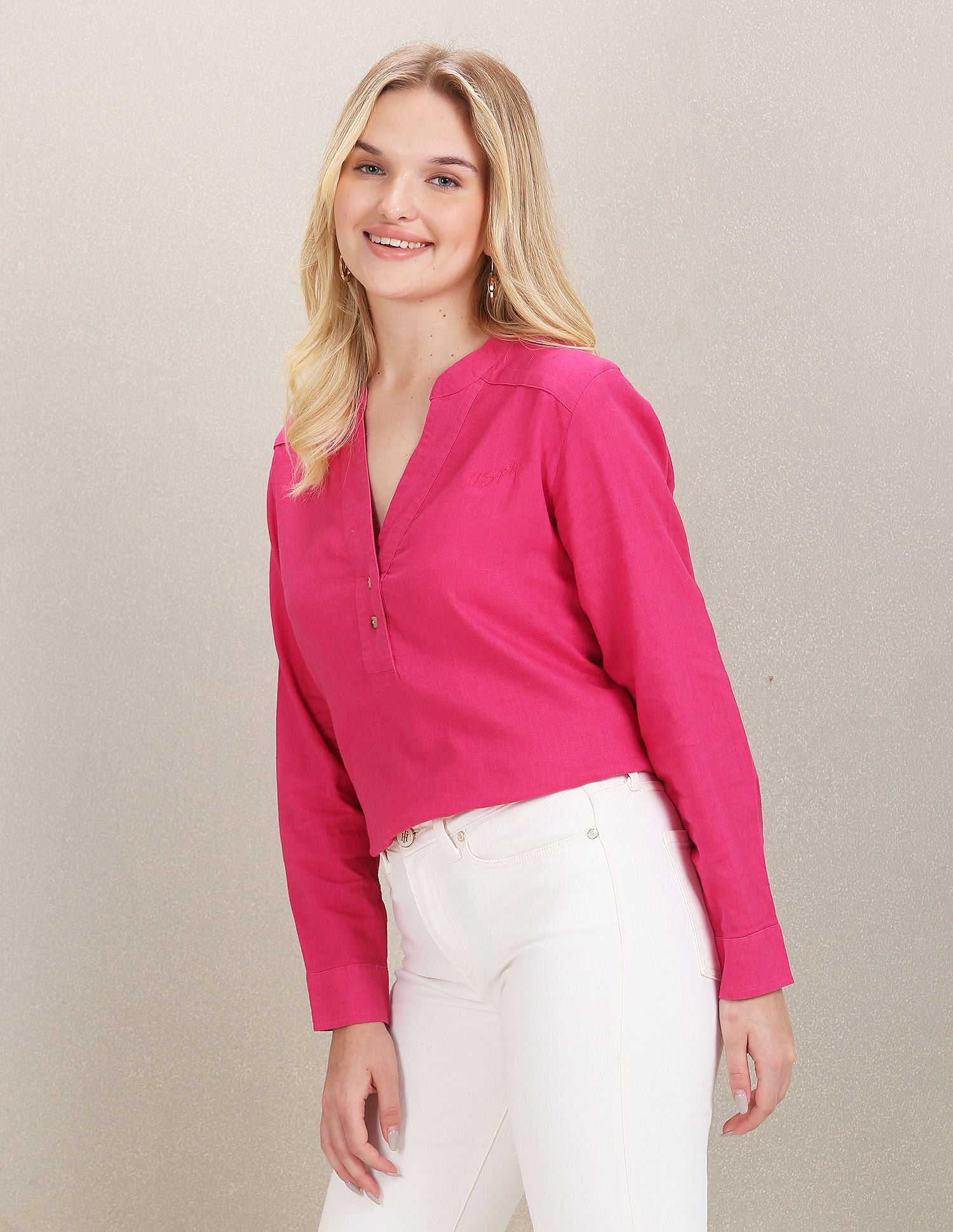 Mandarin Collar Solid Top Pink - U.S. POLO ASSN. | Large