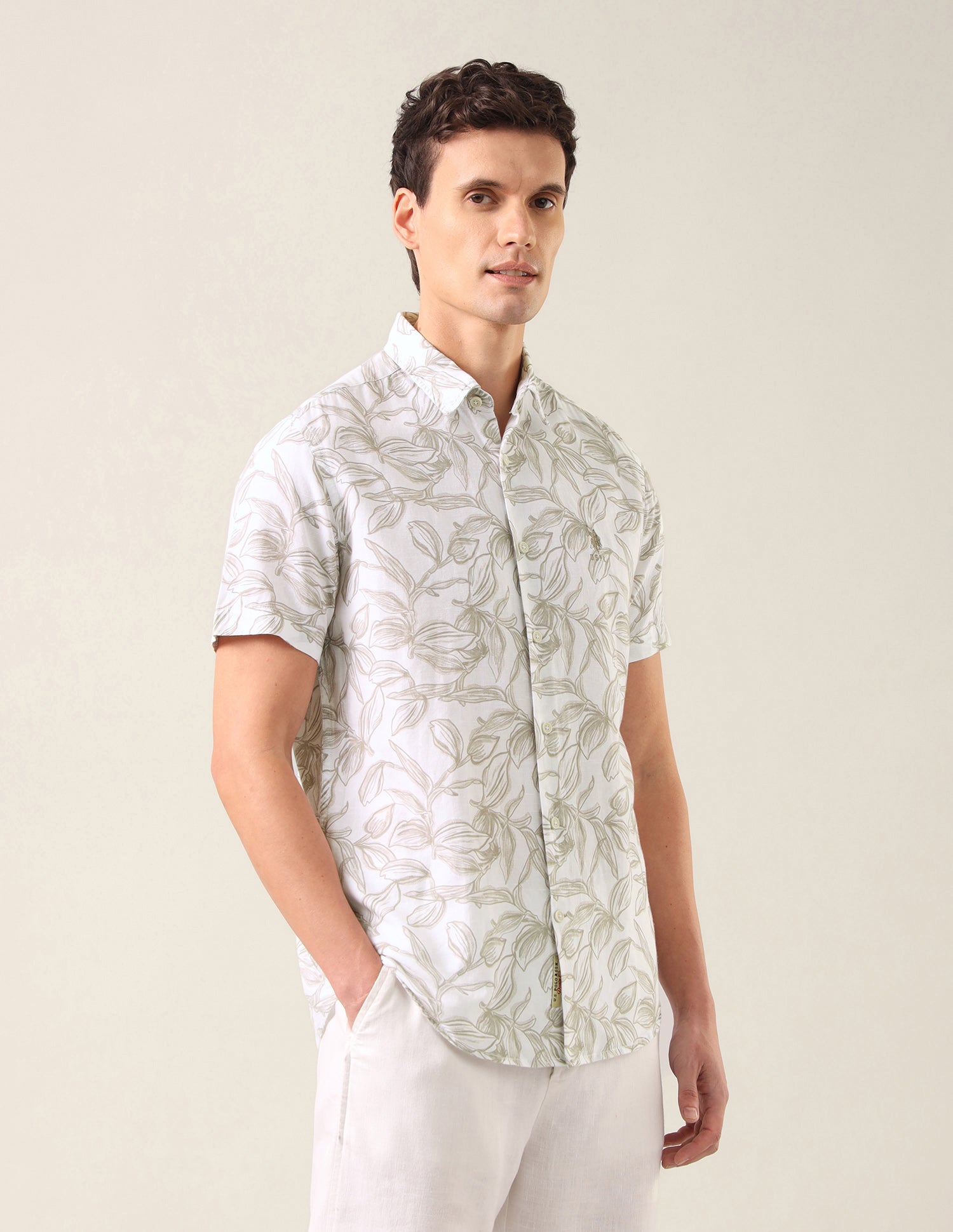 Tropical Printed Regular Fit Shirt Beige - U.S. Polo Assn. India | Large