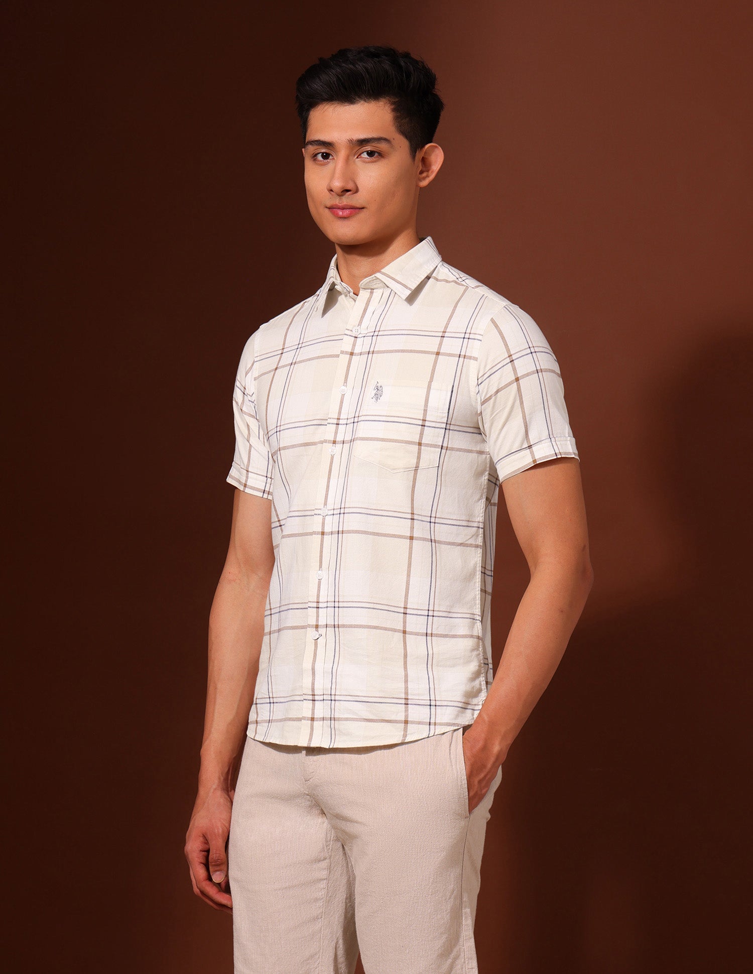 Grid Tattersall Checked Pure Cotton Shirt Ecru - U.S. Polo Assn. India | Large