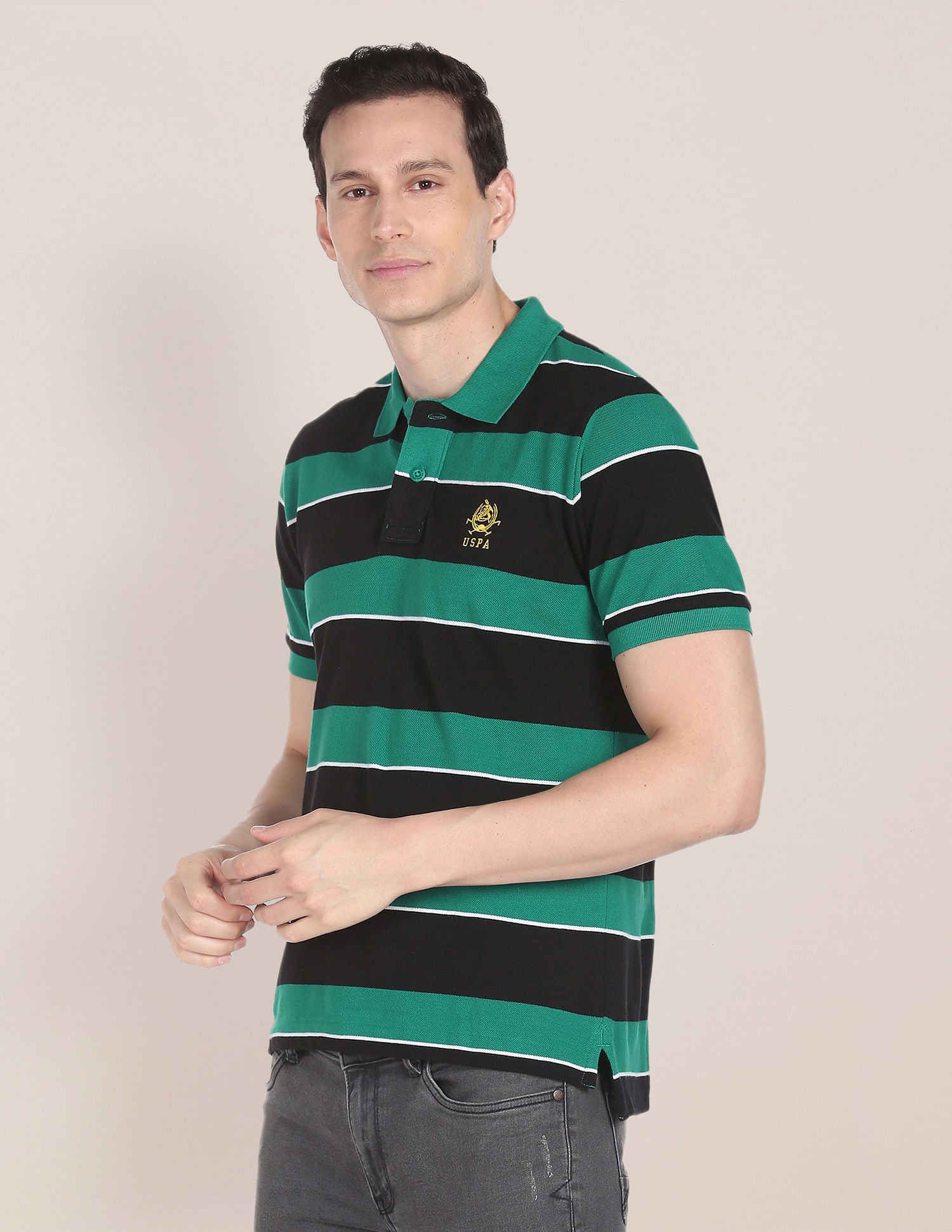 Horizontal Stripe Pique Knit Cotton Polo Shirt Green - U.S. Polo Assn. India | Large