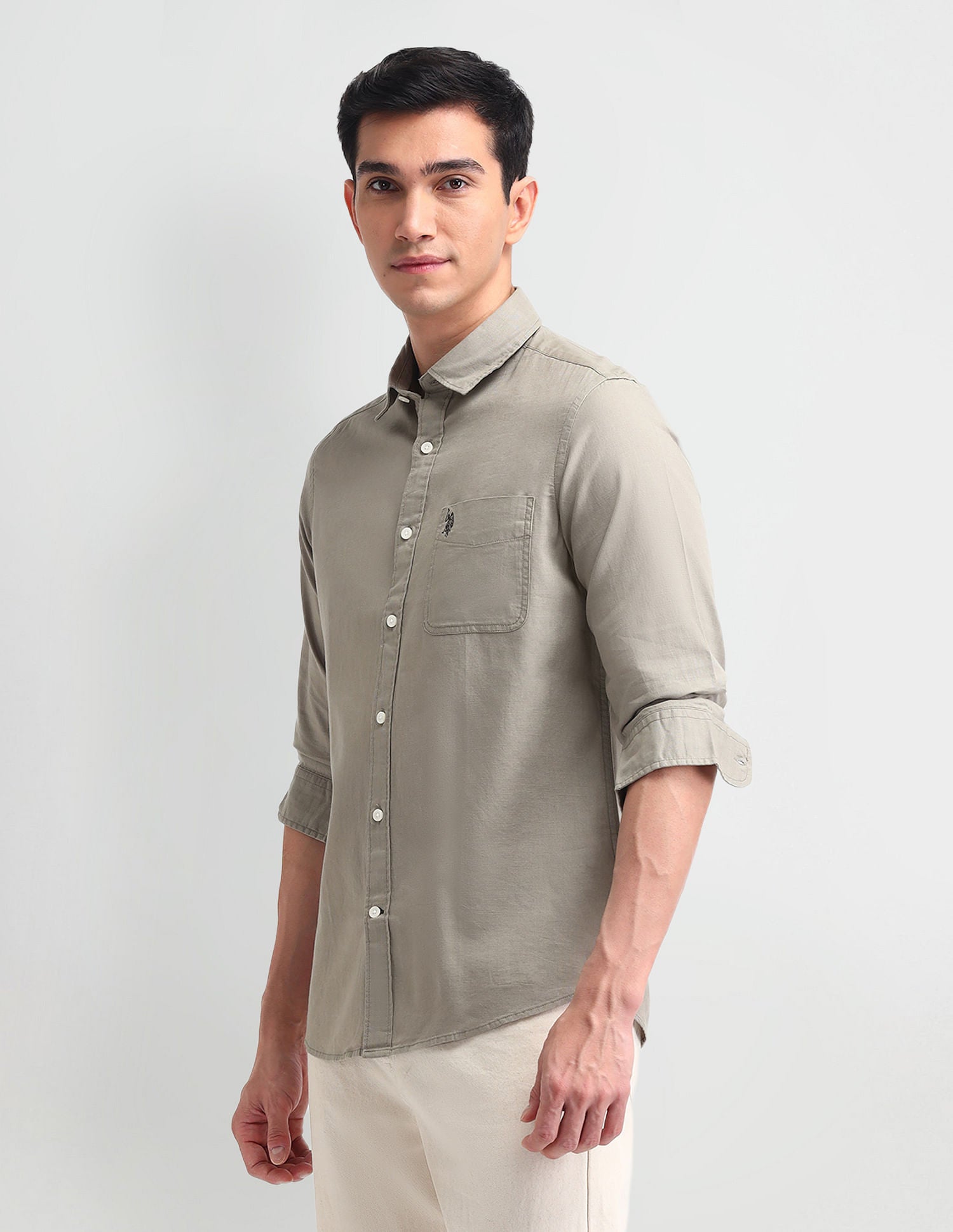 Slim Fit Solid Twill Shirt Grey - U.S. Polo Assn. India | Large