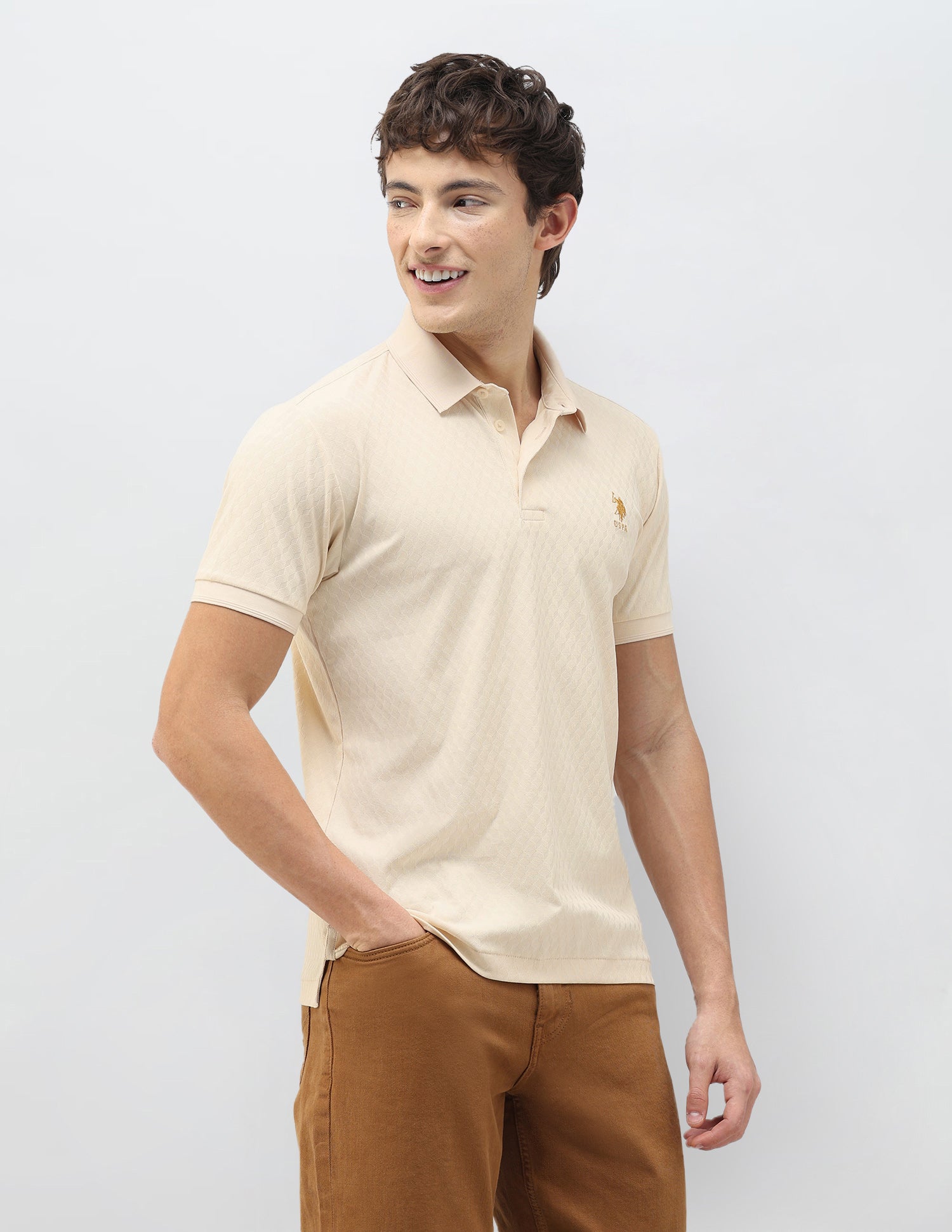 Geometric Patterned Knit Slim Fit Polo Shirt Beige - U.S. Polo Assn. India | Large