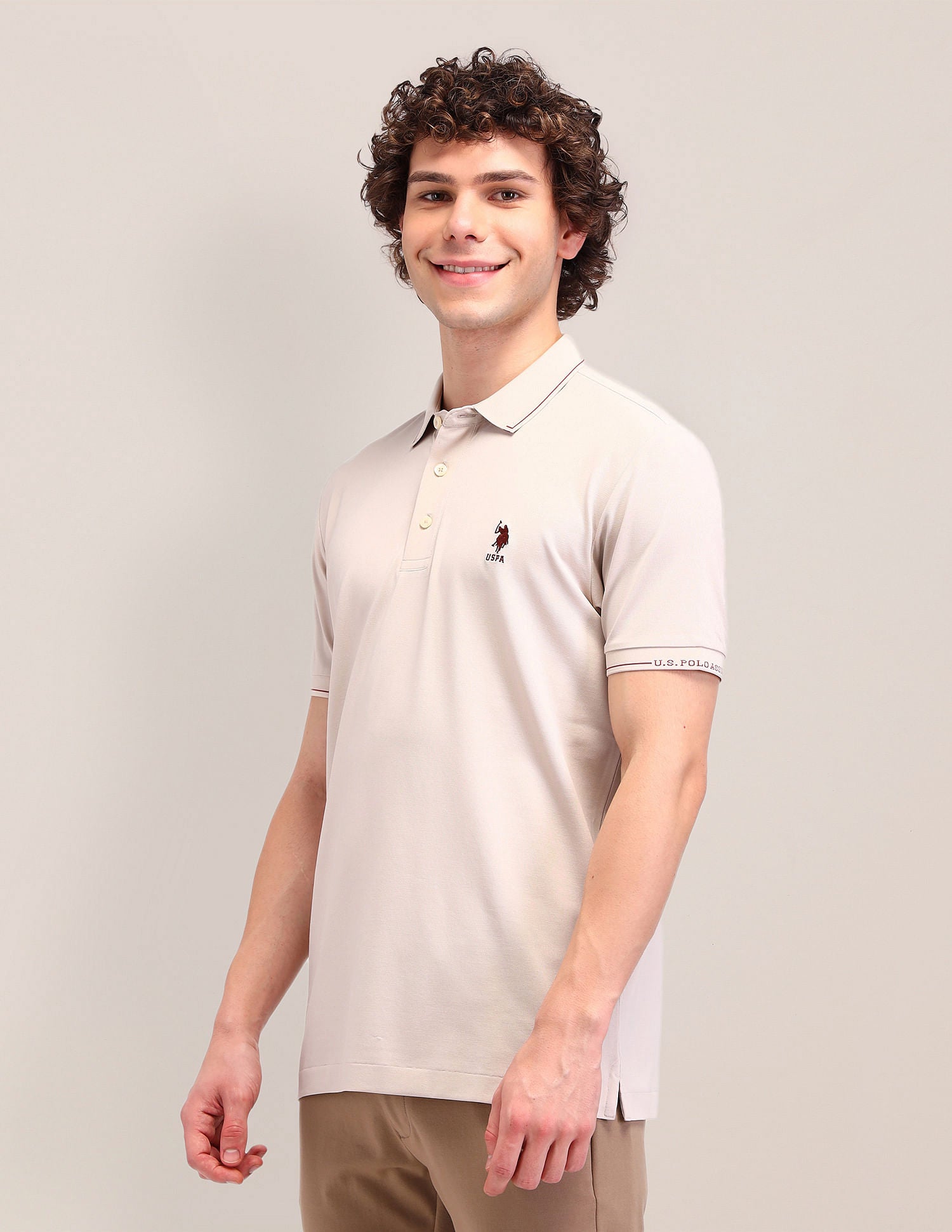 Solid Slim Fit Polo Shirt Beige - U.S. Polo Assn. India | Large