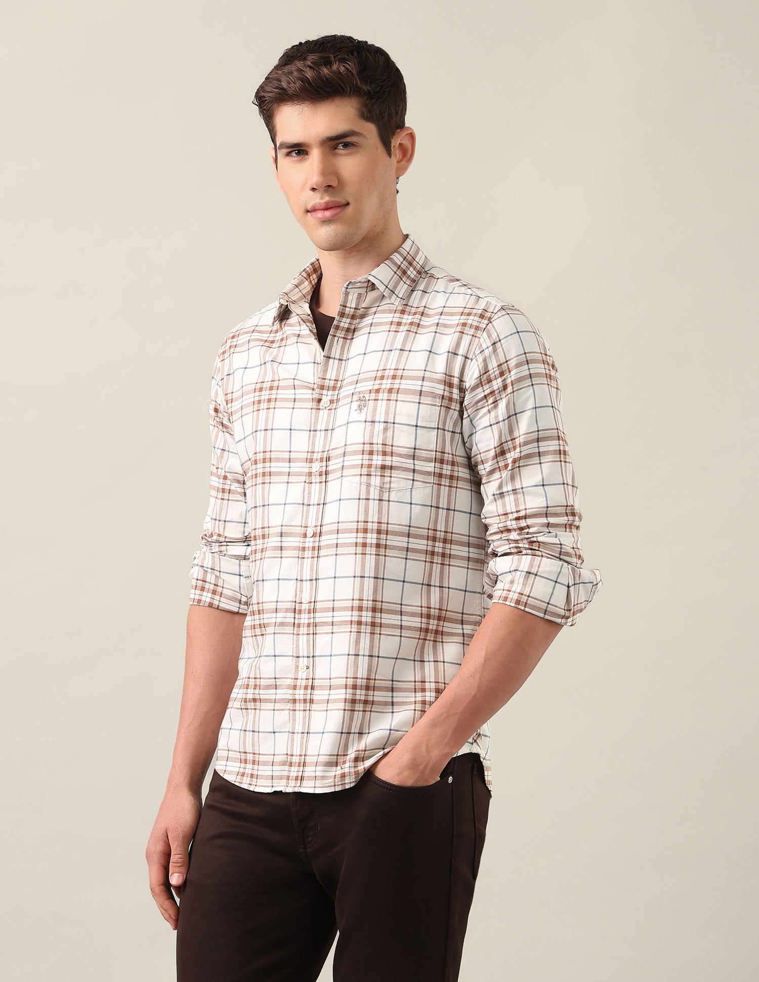 Tailored Fit Tartan Checked Shirt Beige - U.S. Polo Assn. India | Large