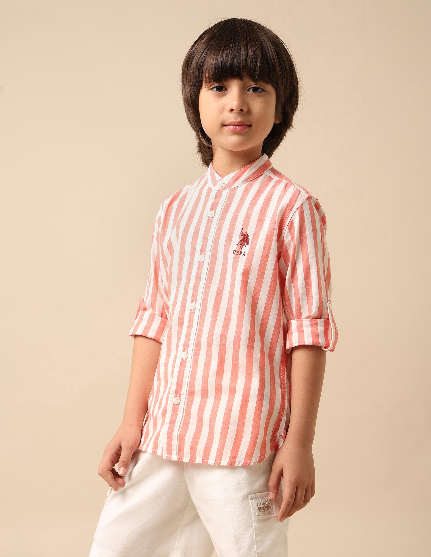 Boys Vertical Striped Mandarin Shirt Orange - U.S. POLO ASSN. | Large