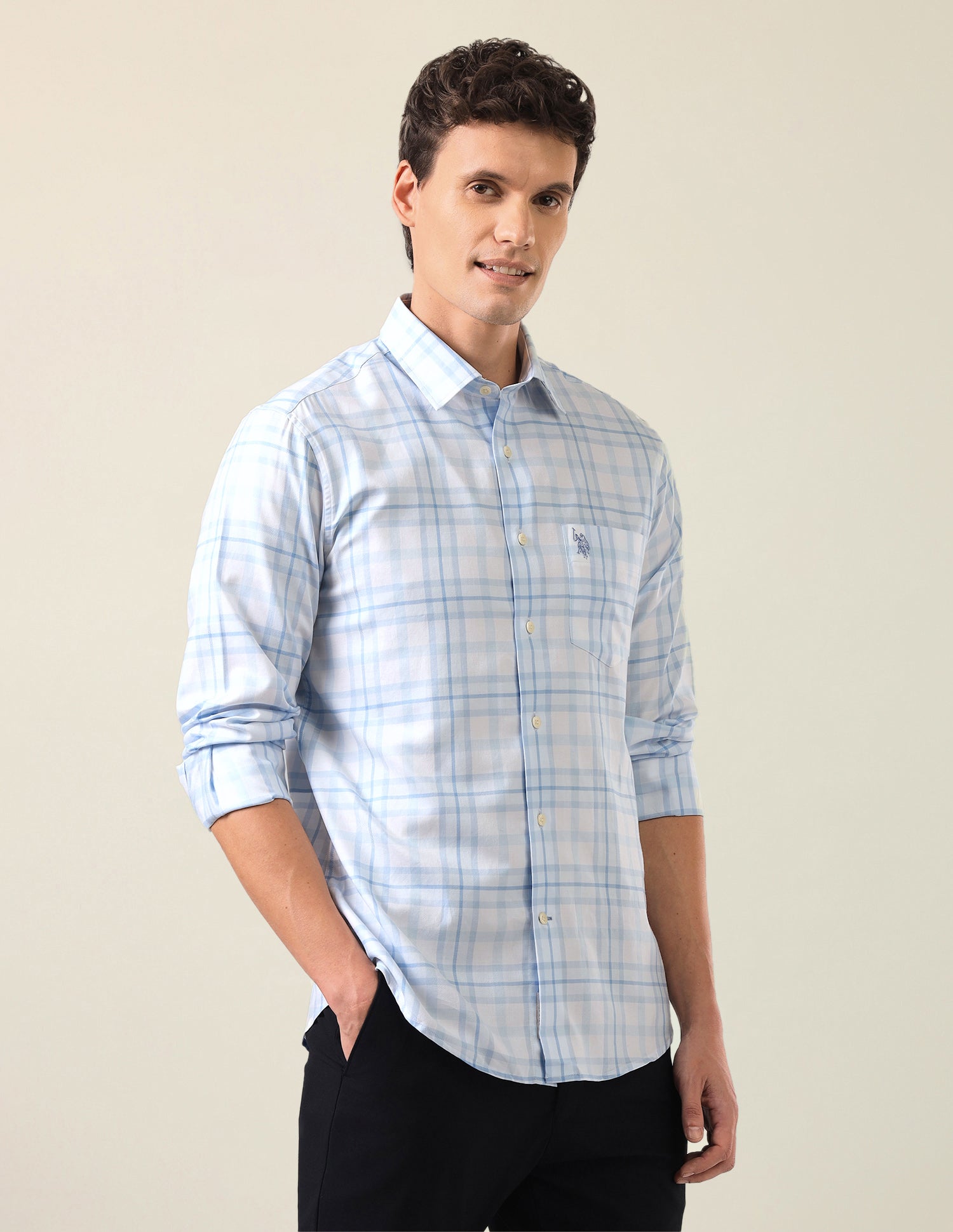 Grid Tattersall Checked Twill Shirt Light Blue - U.S. Polo Assn. India | Large