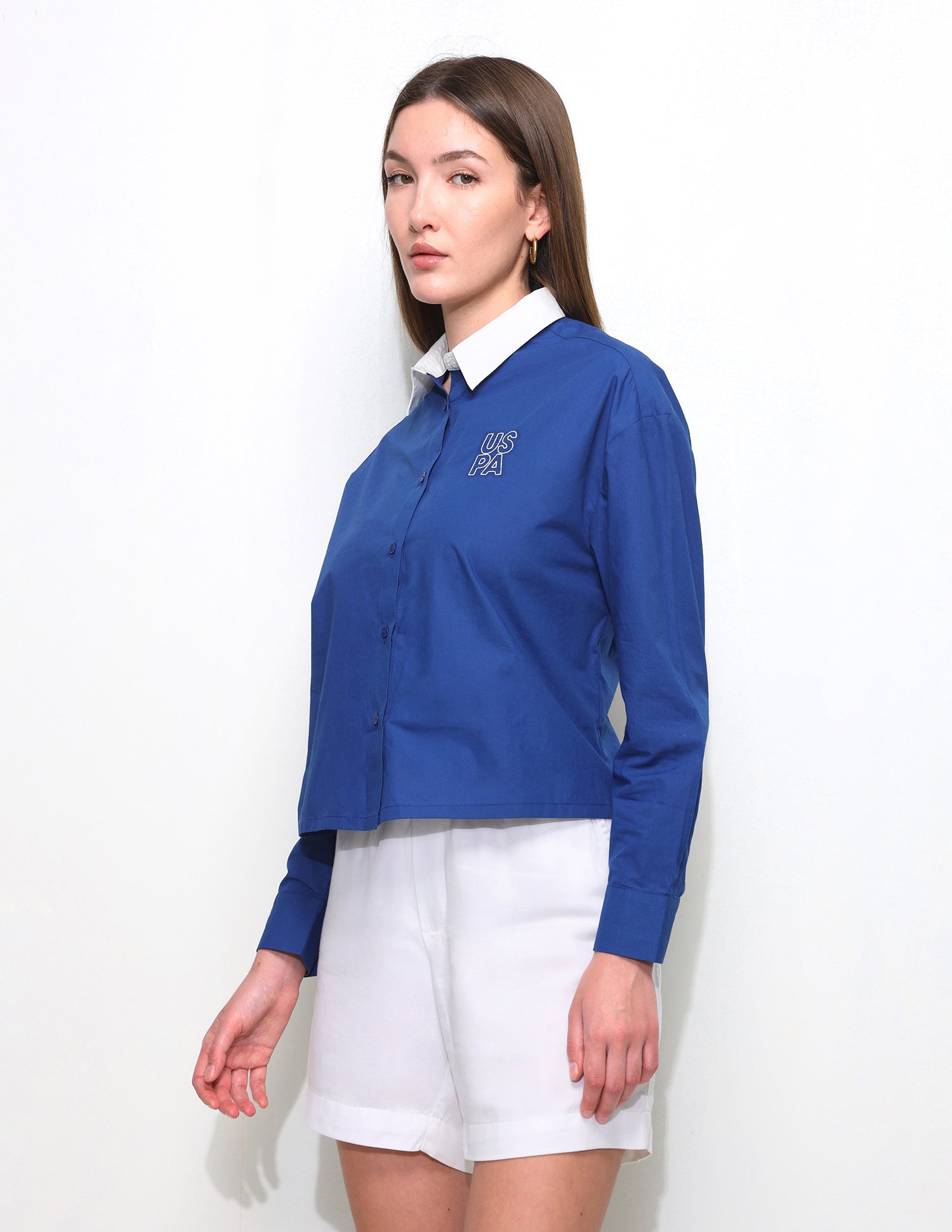 Boxy Fit Contrast Collar Cropped Shirt Blue - U.S. Polo Assn. India | Large