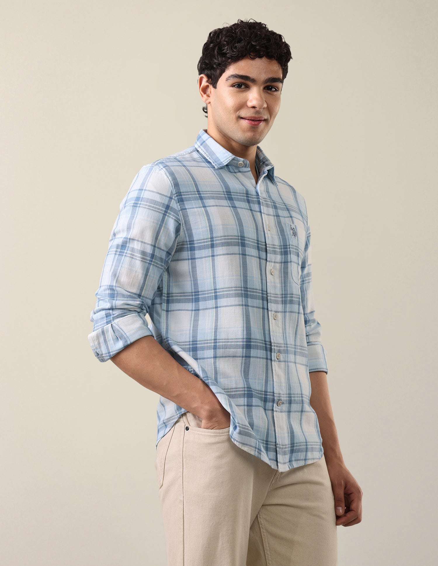 Twill Windowpane Checked Shirt Light Blue - U.S. Polo Assn. India | Large