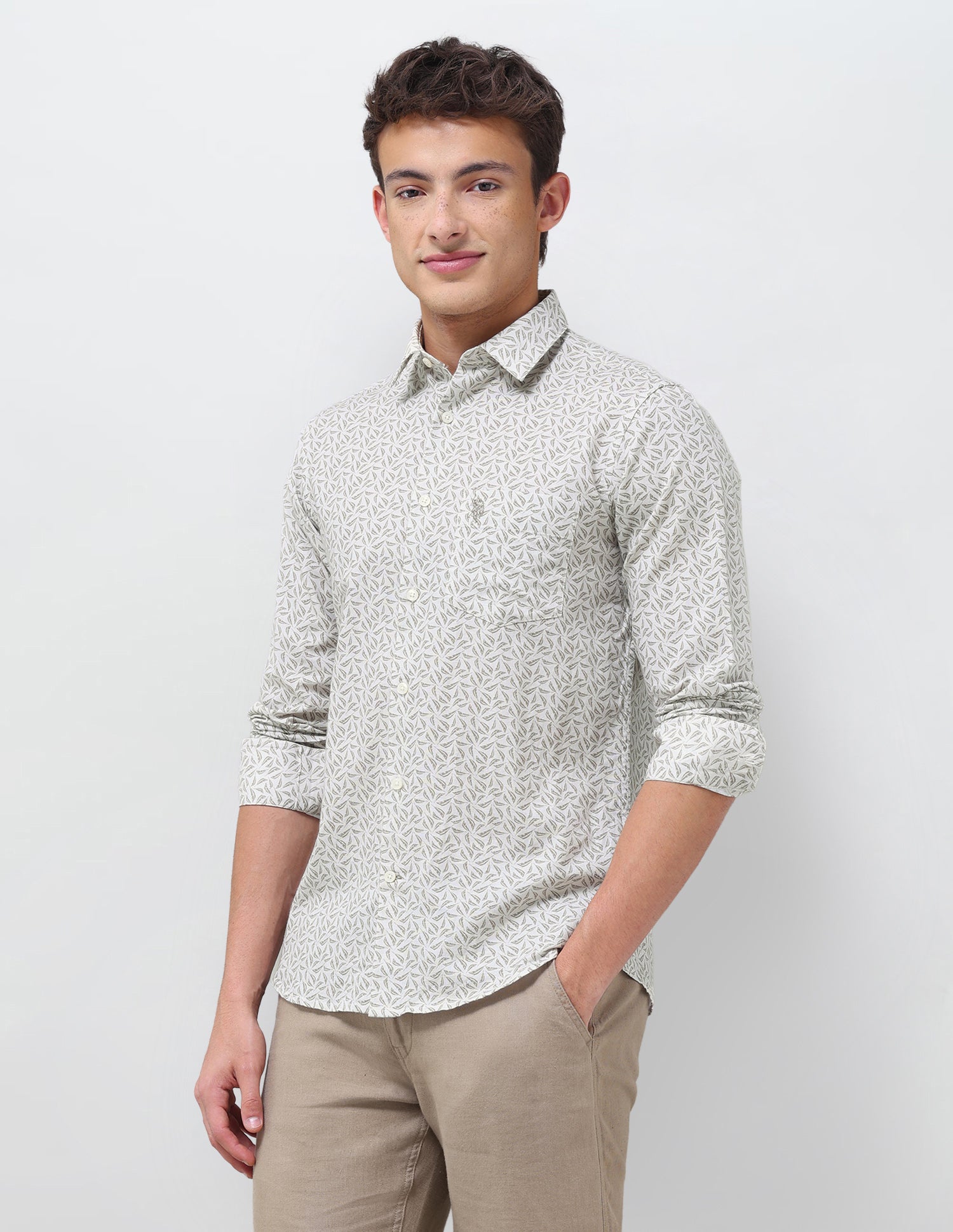 Pacho X Tropical Printed Regular Fit Shirt Light Olive - U.S. Polo Assn. India | Large