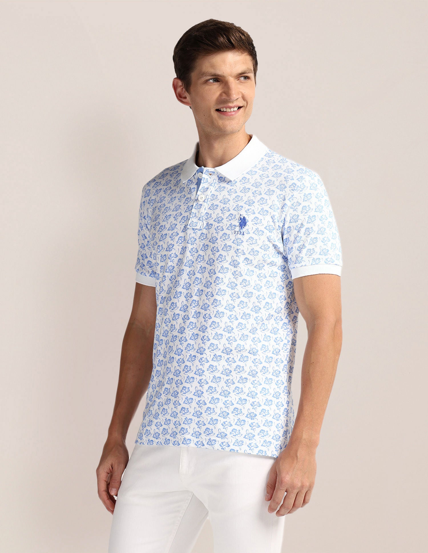 Pure Cotton Floral Polo Shirt Blue and White - U.S. POLO ASSN. | Large