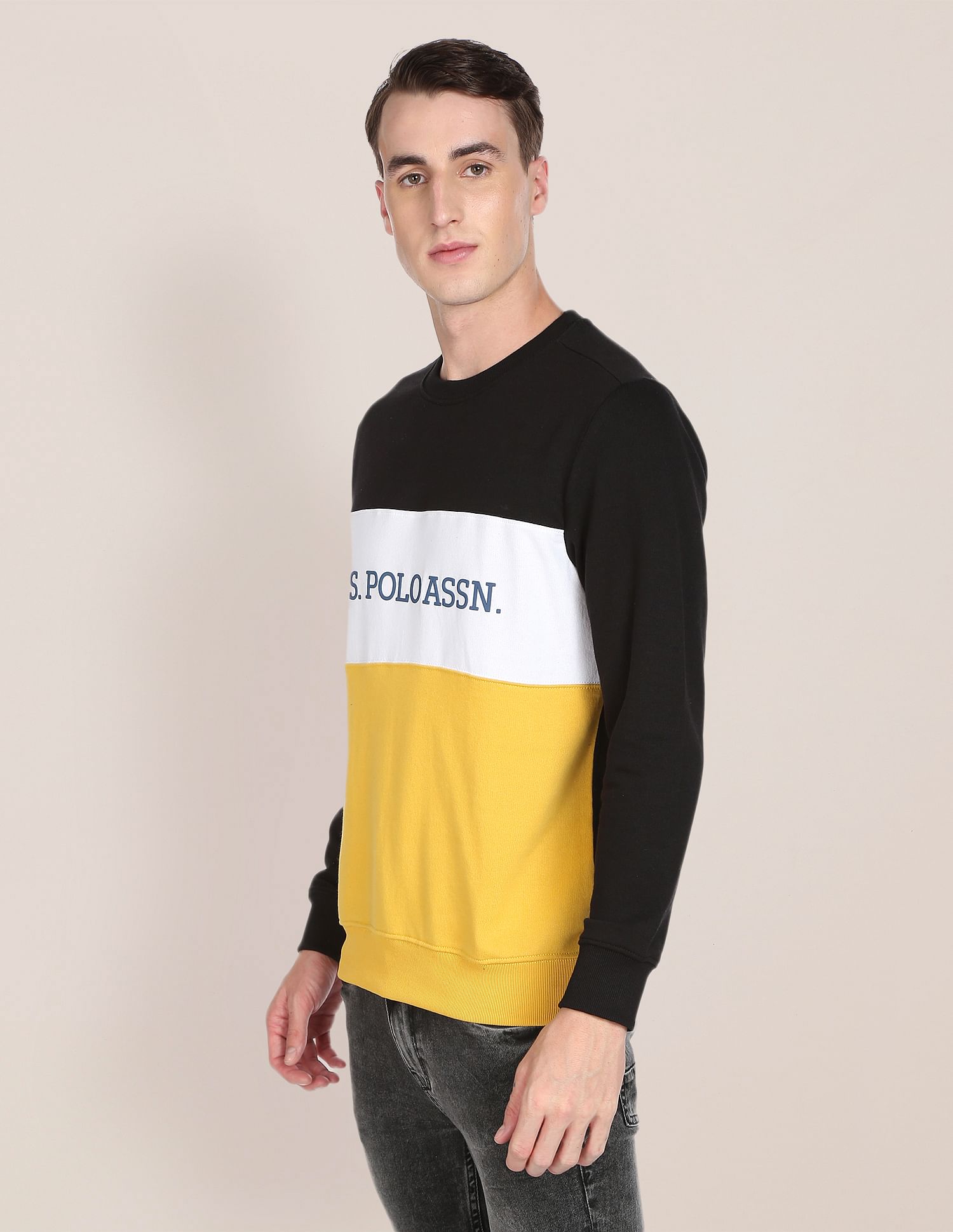 Men Black And Yellow Colour Block Crew Neck Sweatshirt Black and Yellow - U.S. POLO ASSN. | Large