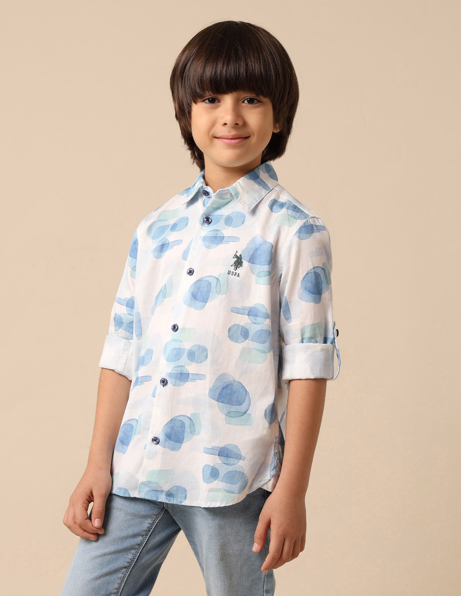 Boys Abstract Printed Satin Shirt Blue - U.S. POLO ASSN. | Large