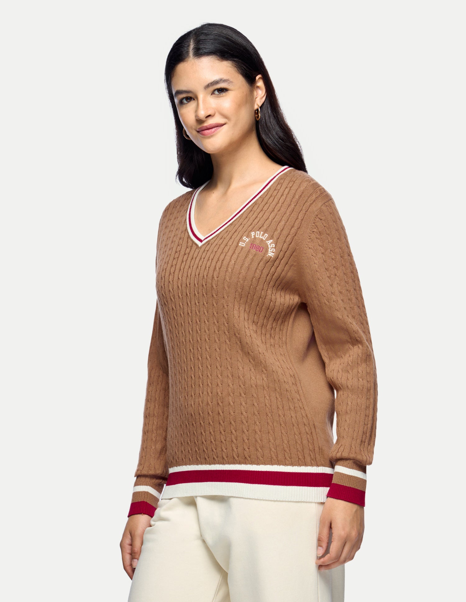 Cable Patterned Knit Regular Fit Sweater Brown - U.S. Polo Assn. India | Large