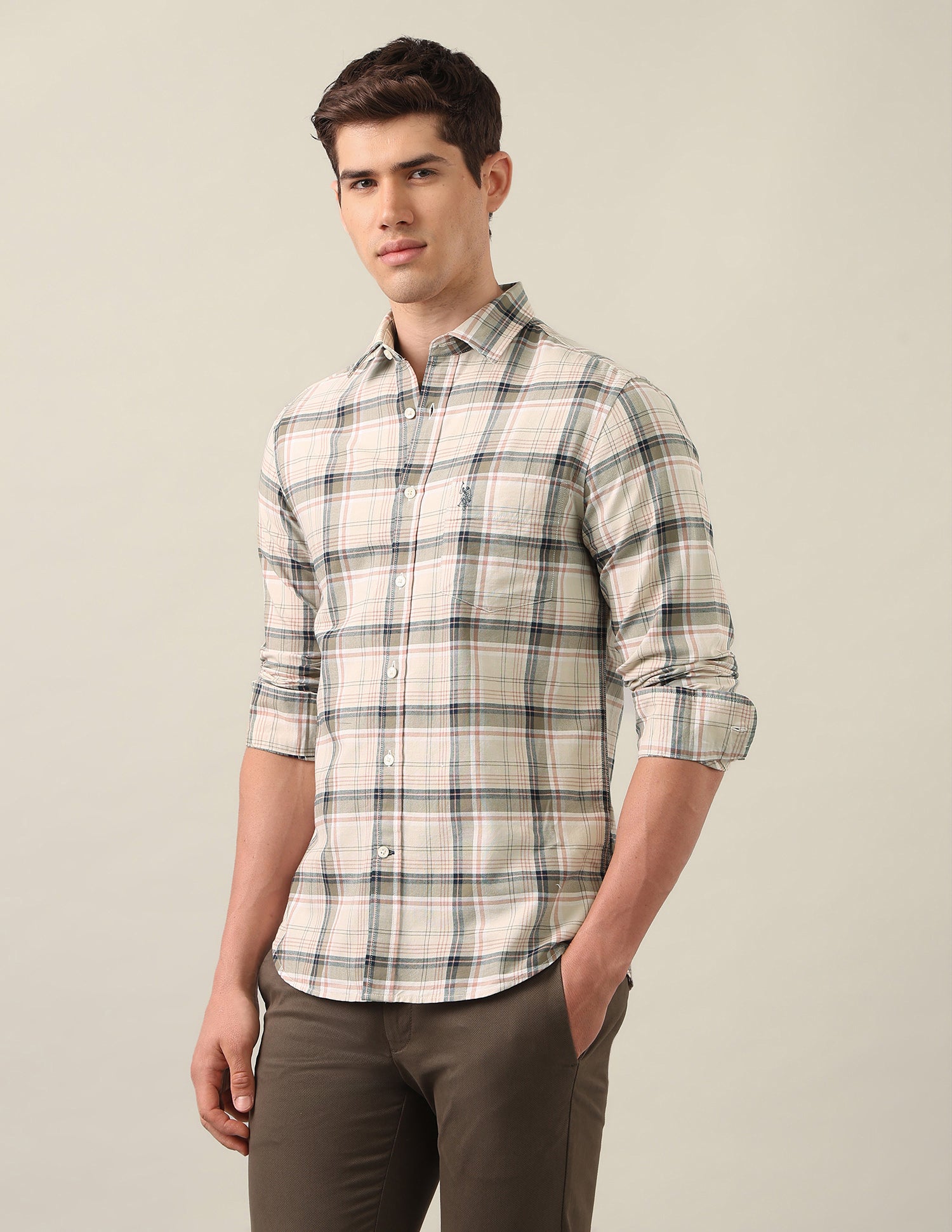 Tartan Checked Oxford Shirt Ivory - U.S. Polo Assn. India | Large