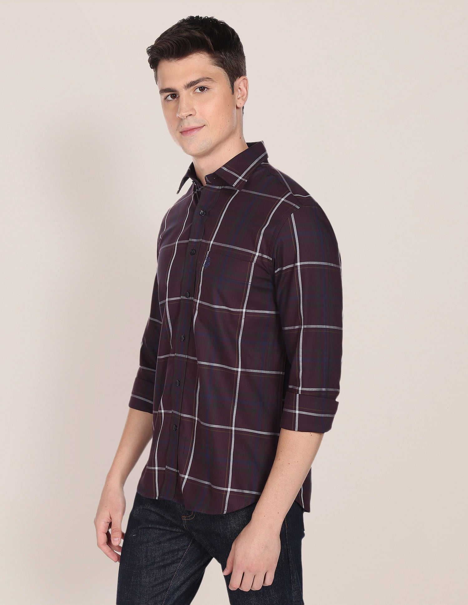 Men Wine Tailored Regular Fit Tartan Check Casual Shirt Wine - U.S. Polo Assn. India | Large