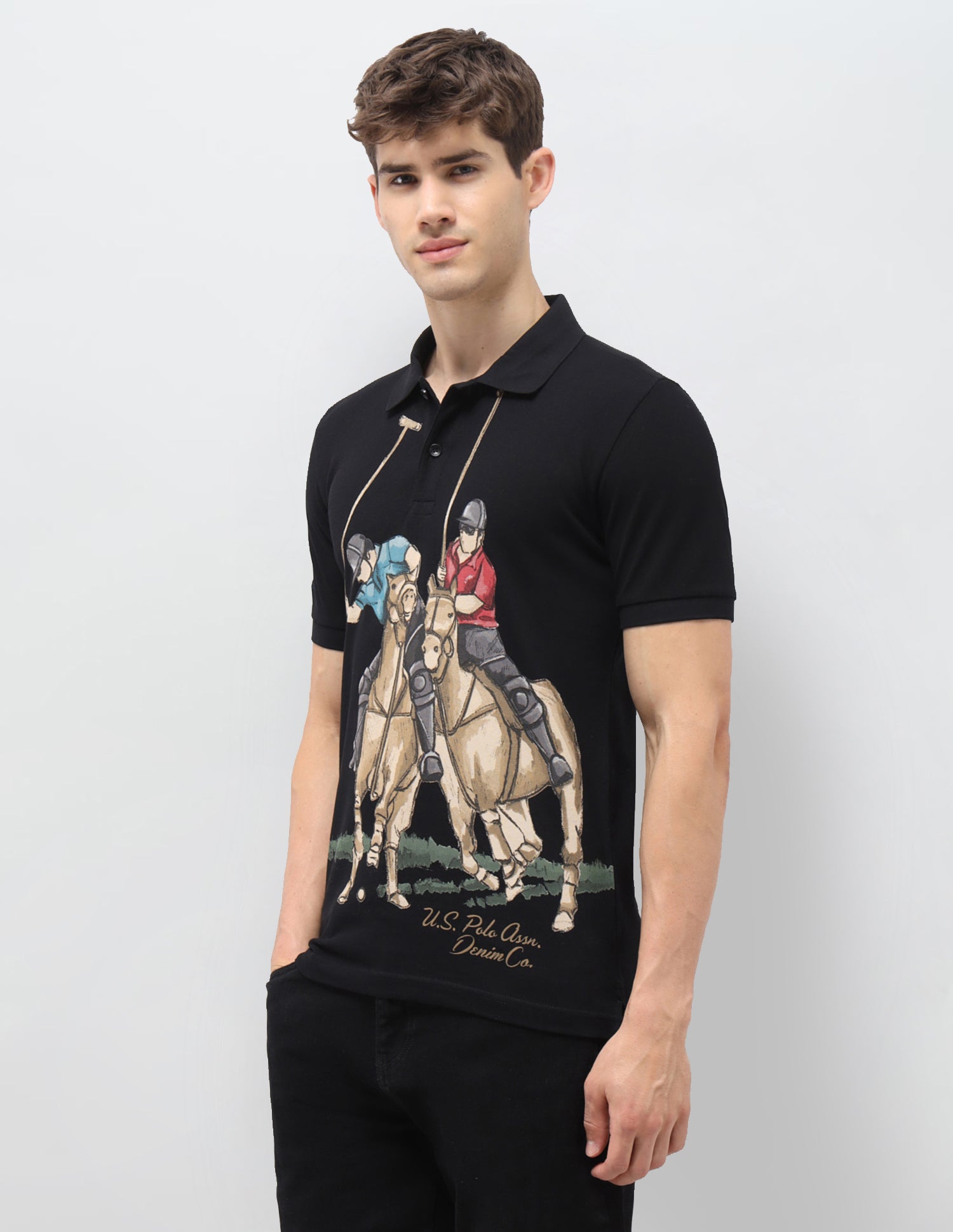 Graphic Brand Printed Muscle Fit Polo Shirt Black - U.S. Polo Assn. India | Large